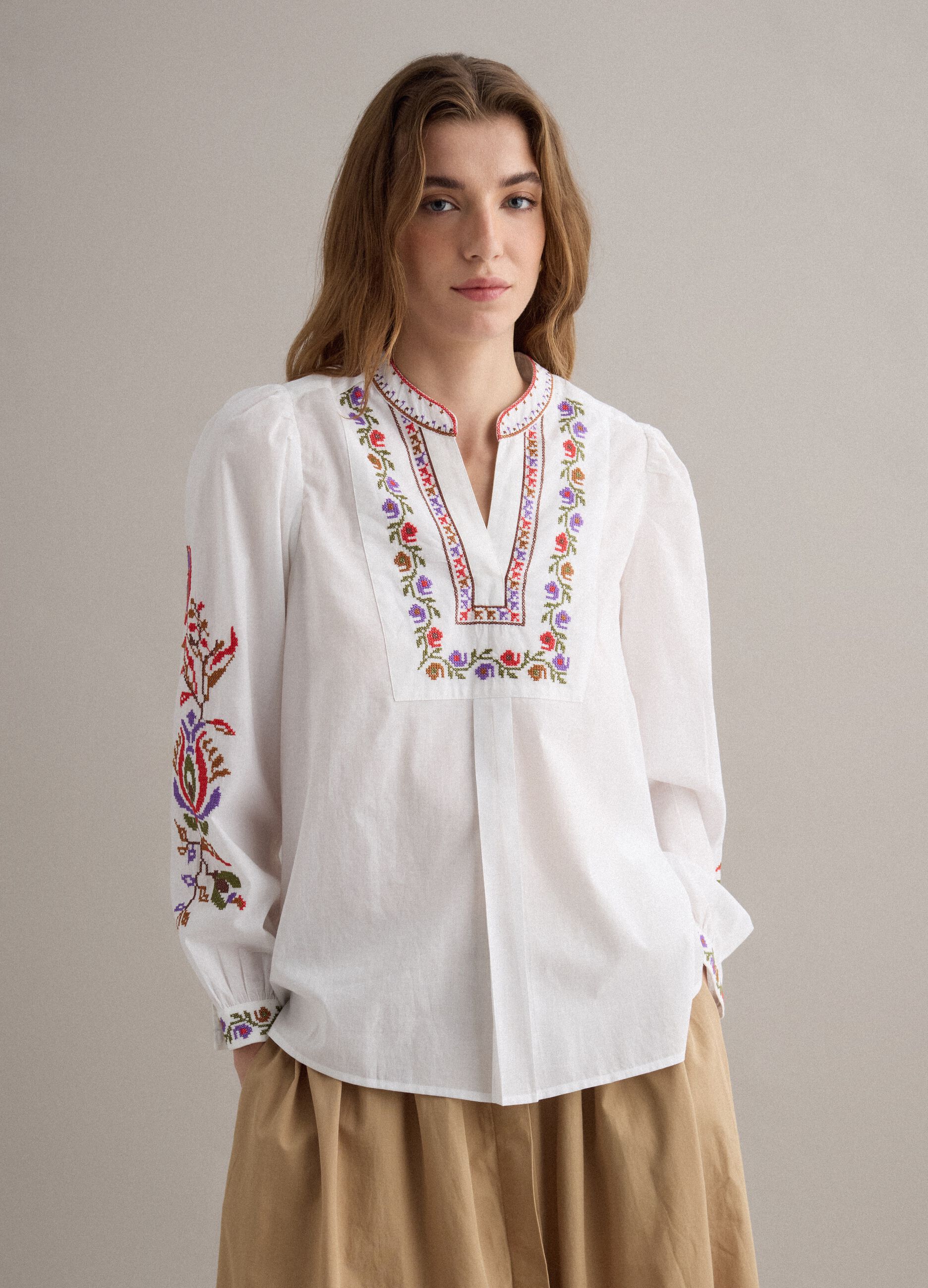 White pure cotton shirt with colourful embroidery