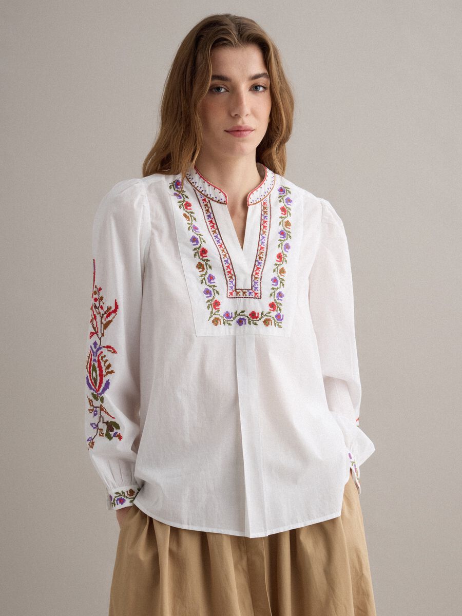 White pure cotton shirt with colourful embroidery_1