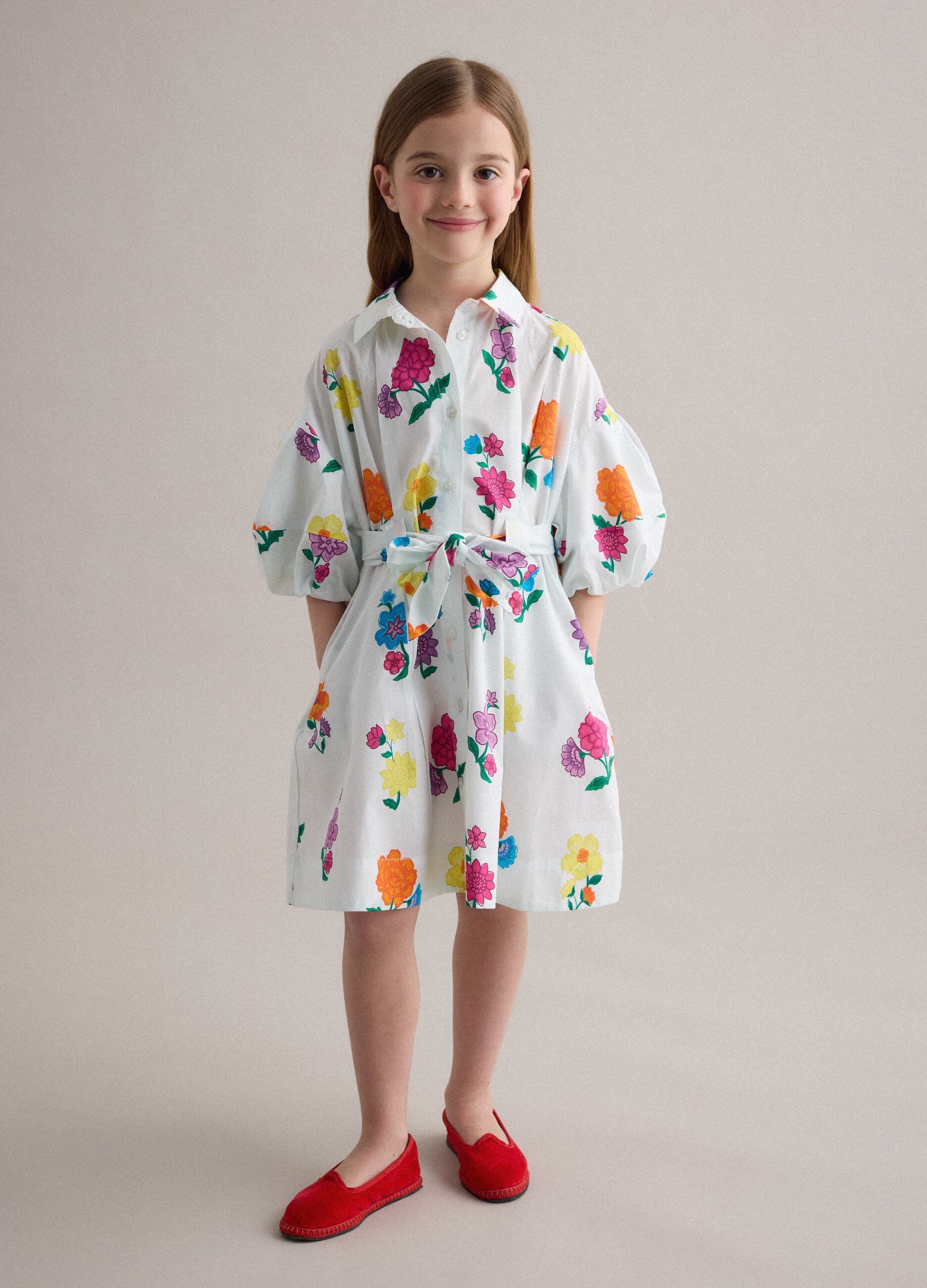 Girls&rsquo; white pure cotton dress with floral print, regular fit