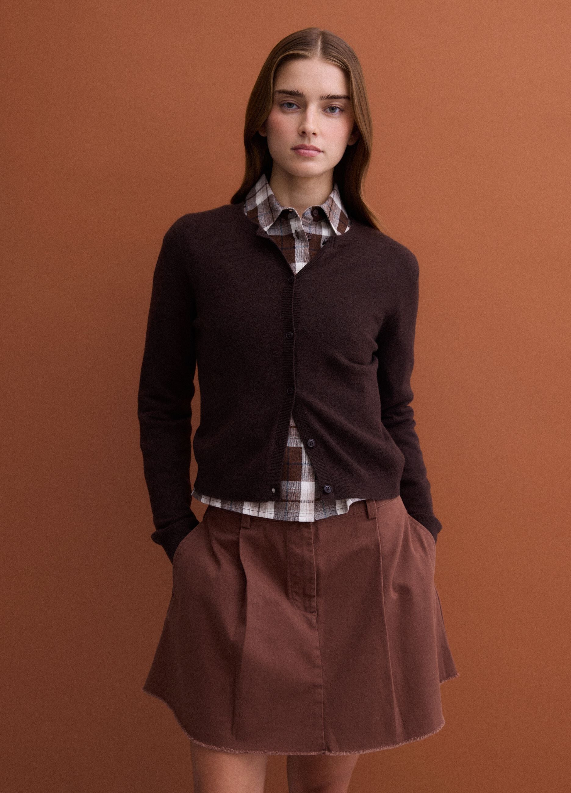 Brown pure wool crew-neck cardigan