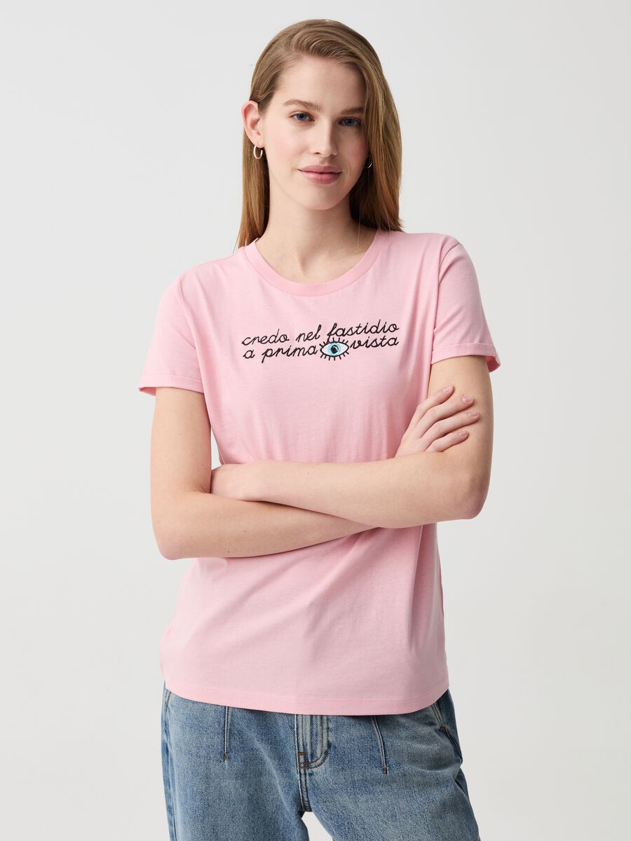 Cotton T-shirt with lettering embroidery_0