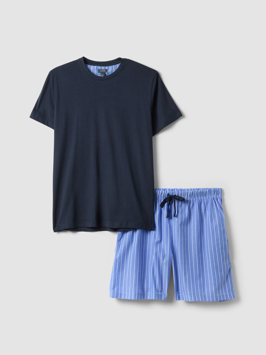 Pigiama corto blu a righe in jersey di puro cotone organico_0