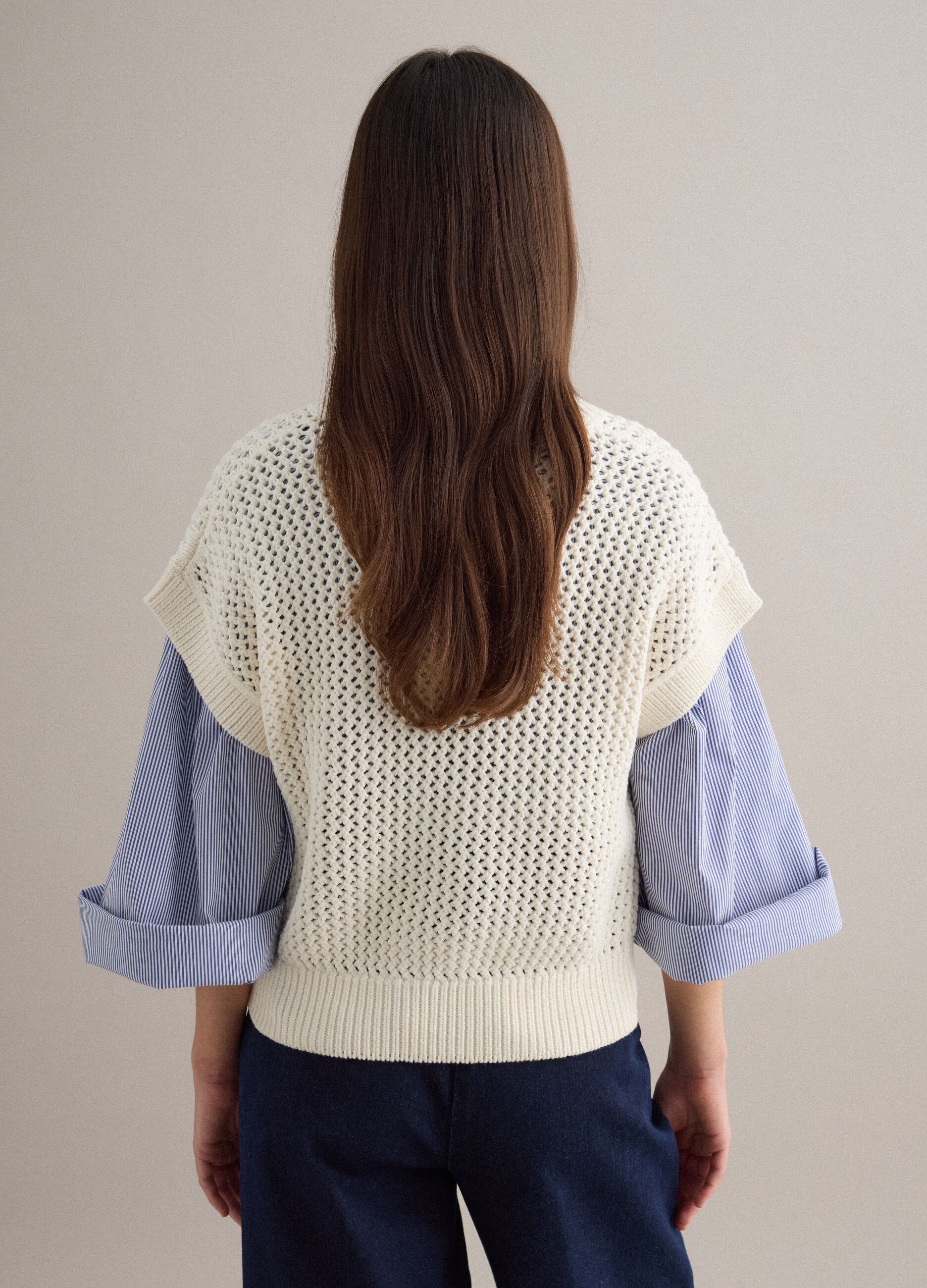 White cotton blend eyelet knit regular fit jumper