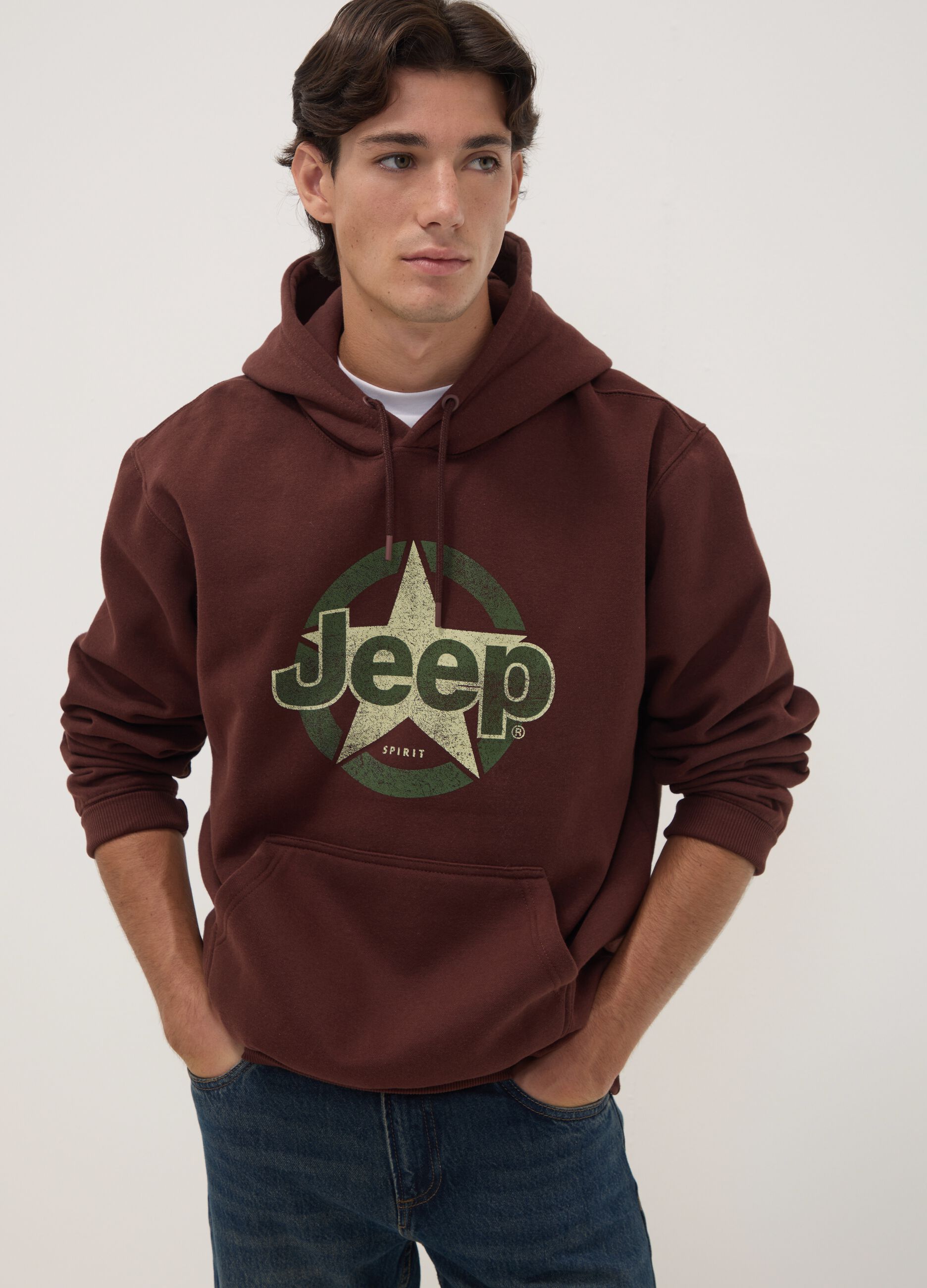 Brown cotton-blend hoodie with Jeep print, relaxed fit
