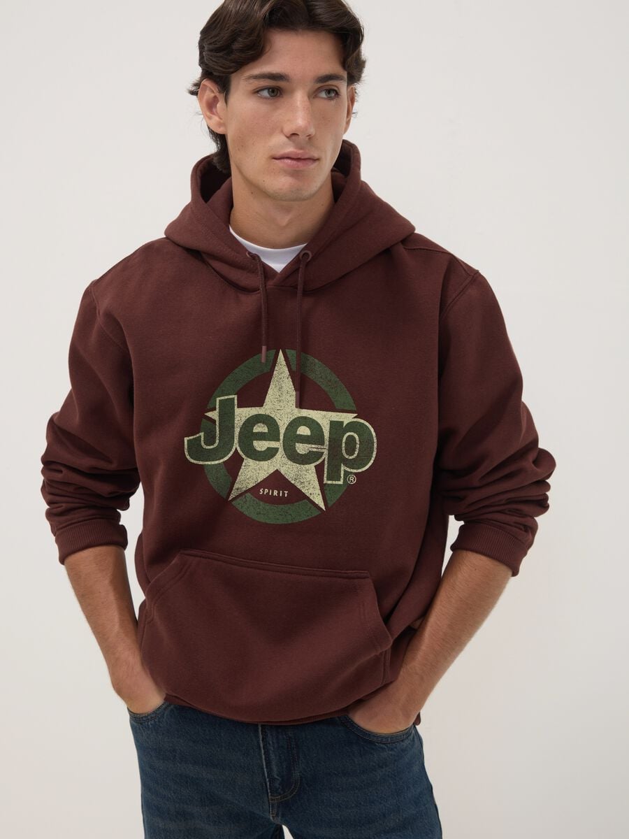 Felpa marrone in misto cotone con cappuccio e stampa Jeep relaxed fit_0