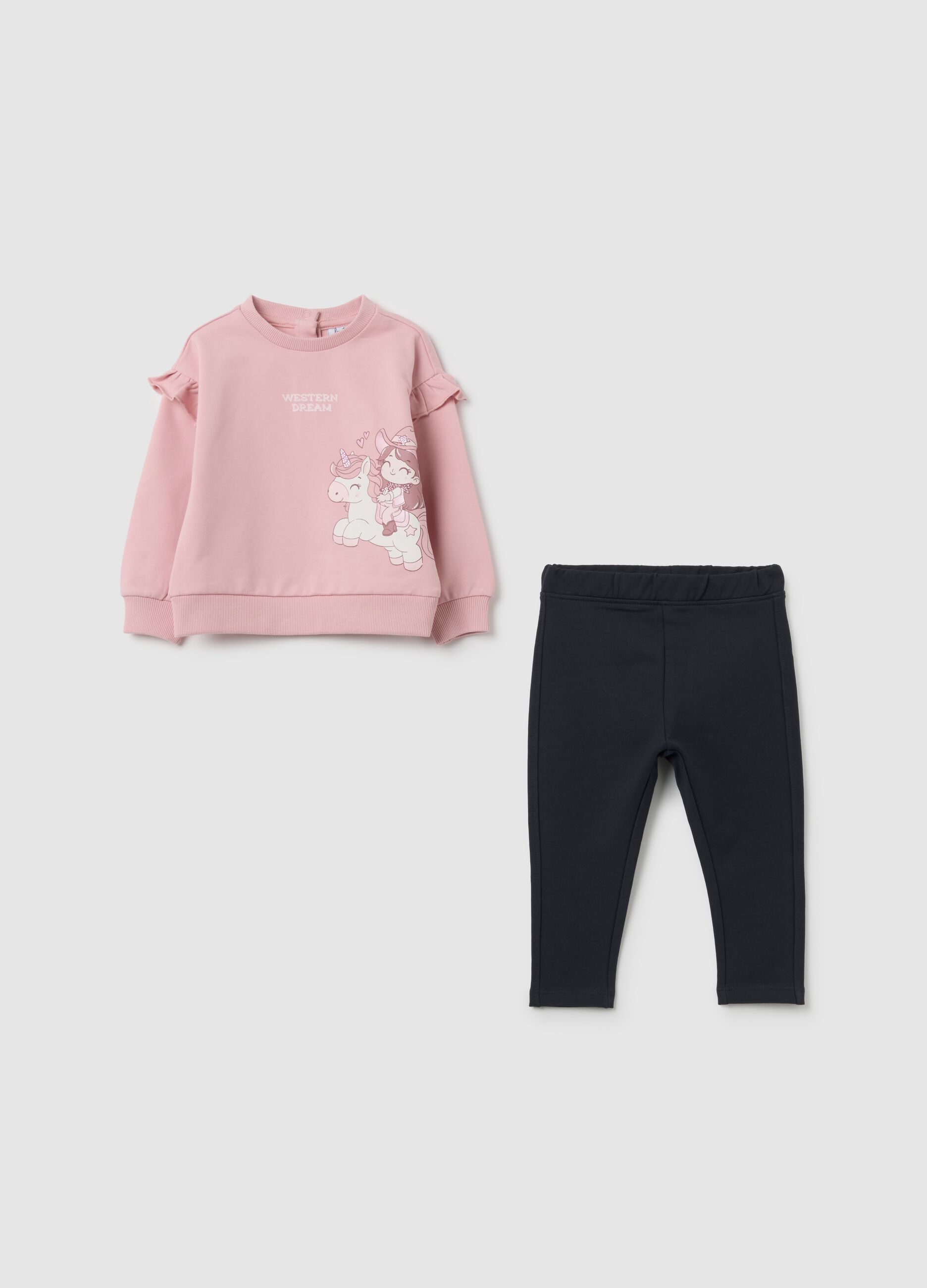 Set felpa e leggings da bambina in cotone rosa elasticizzato