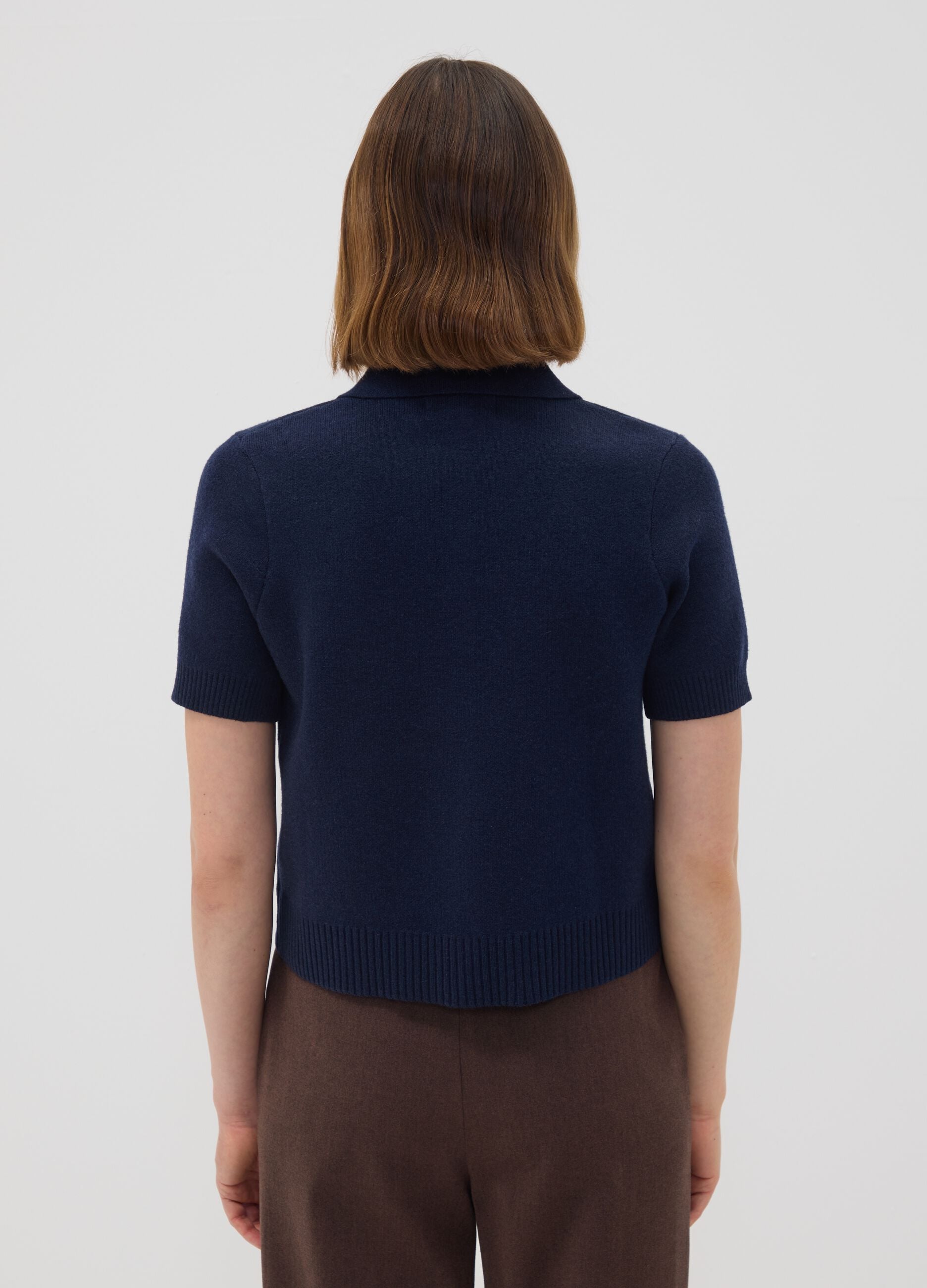 Cardigan blu in misto lana con colletto polo regular fit
