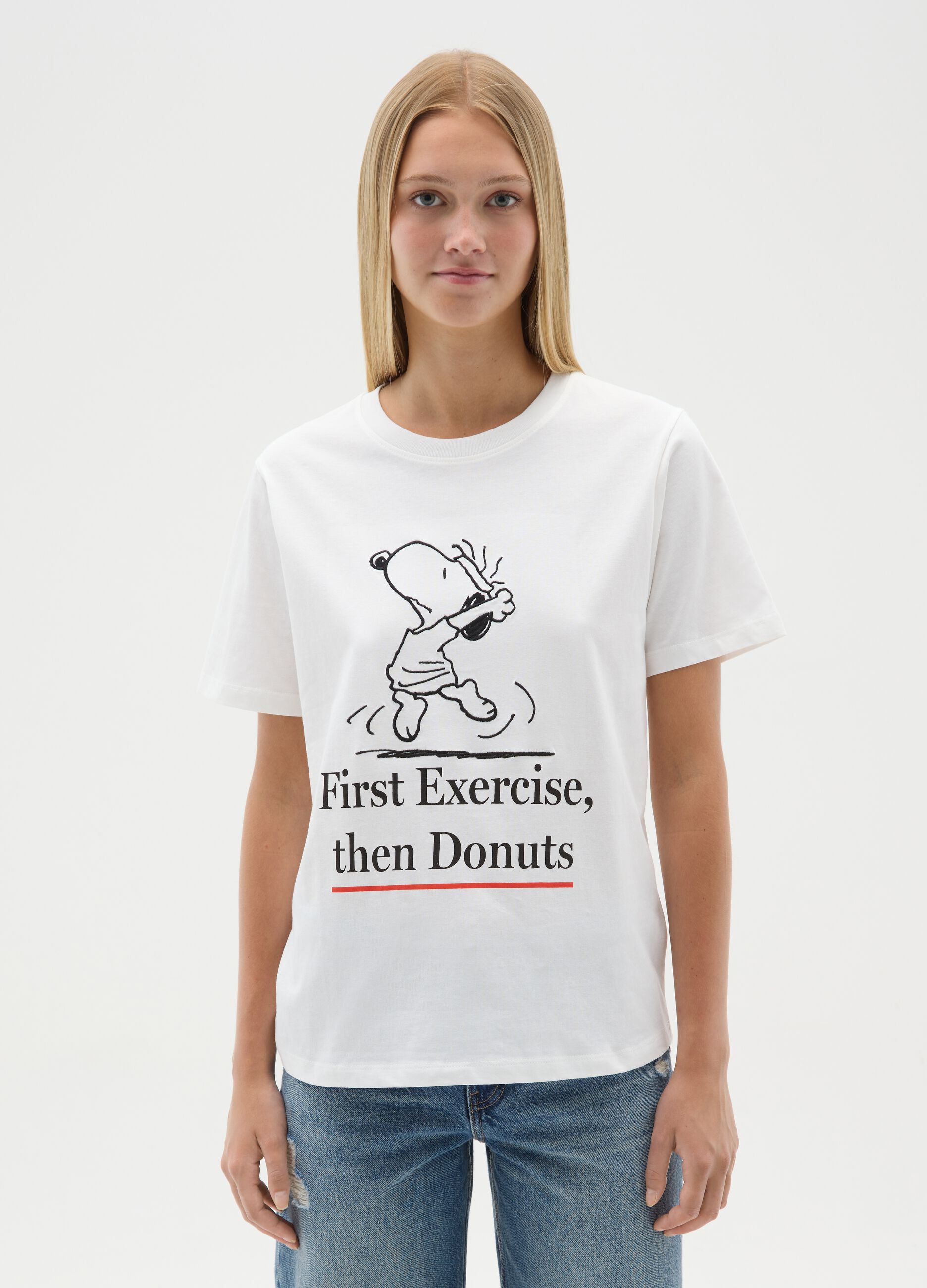 Women's pure cotton white T-shirt relaxed fit with Snoopy print