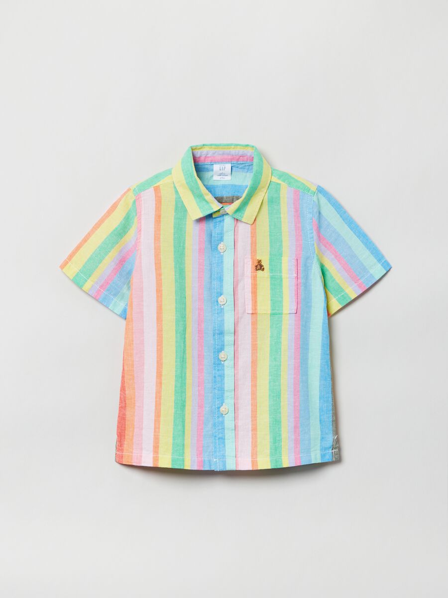 Striped linen and cotton shirt with short sleeves_0