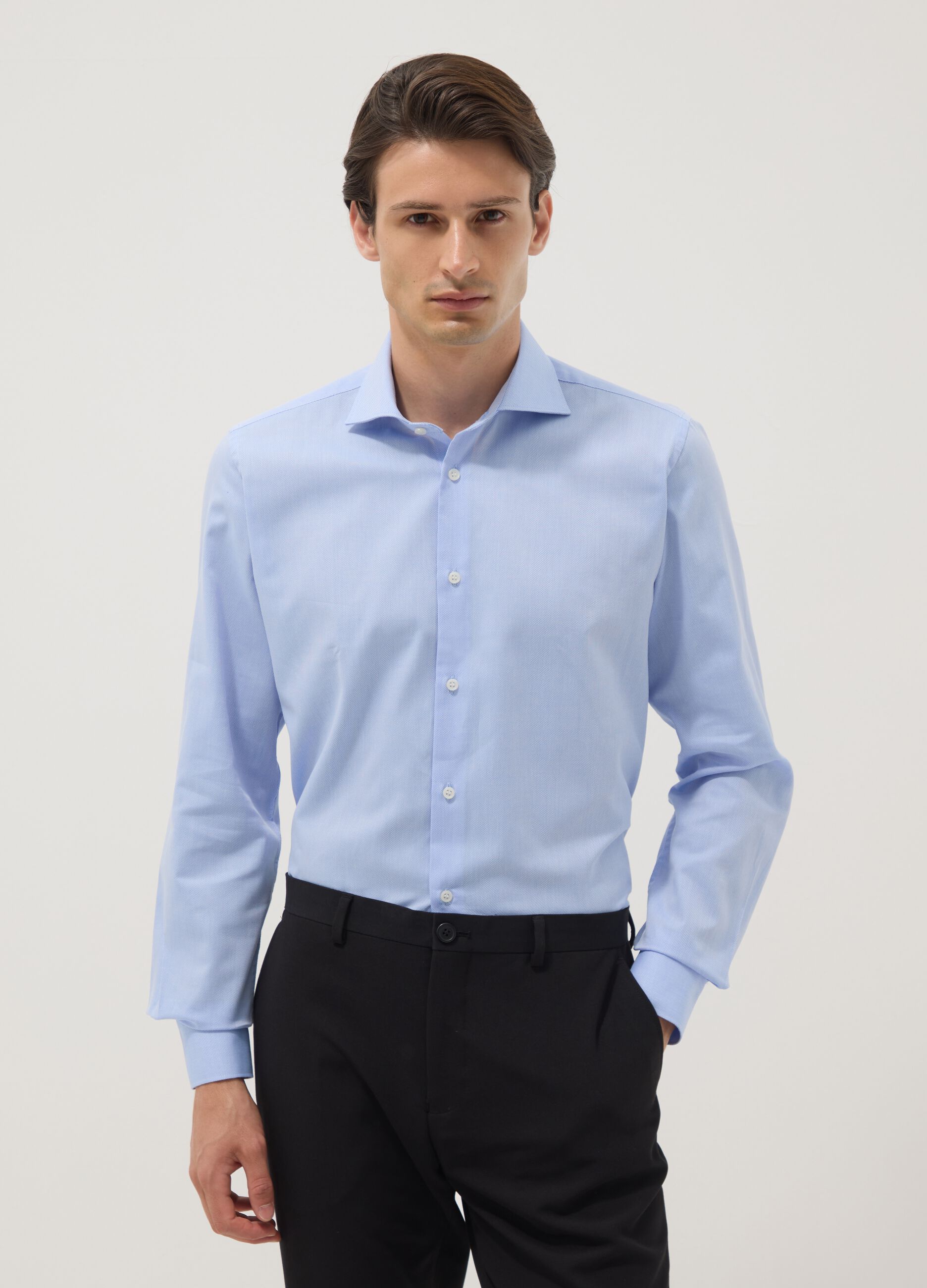 Light blue slim-fit cotton-blend shirt with French collar