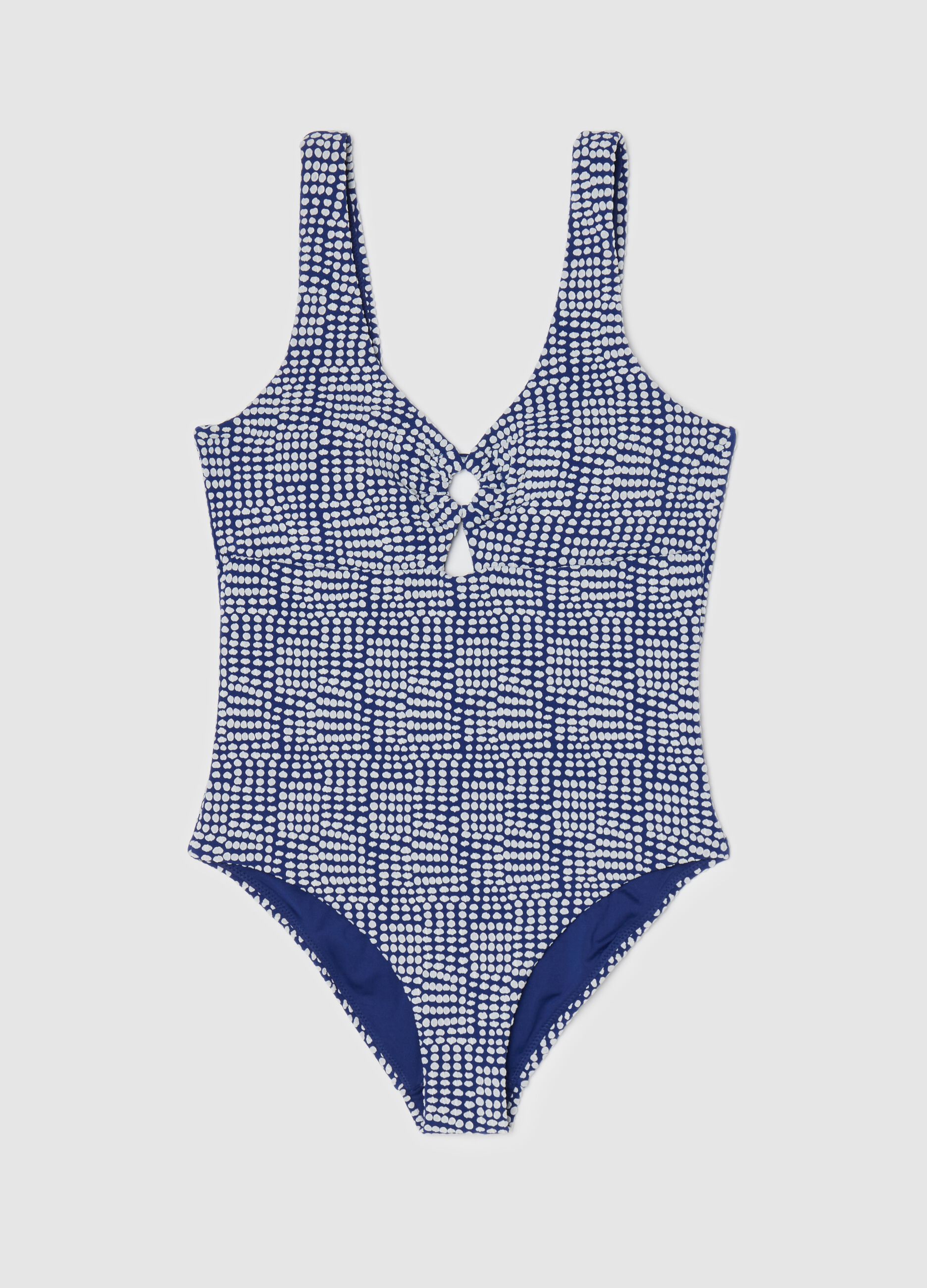 Blue one-piece swimsuit with geometric pattern