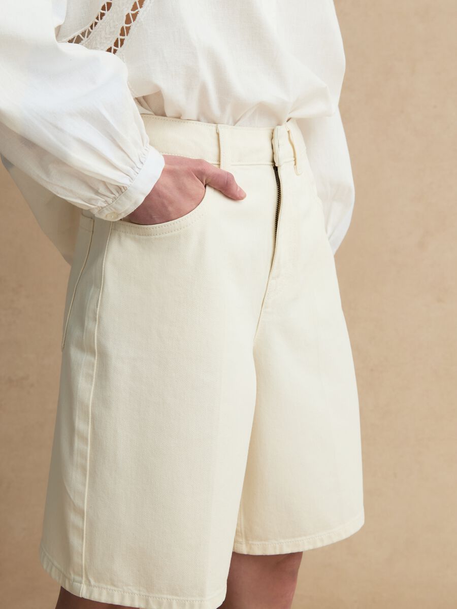 Shorts in puro cotone denim bianco wide leg_3