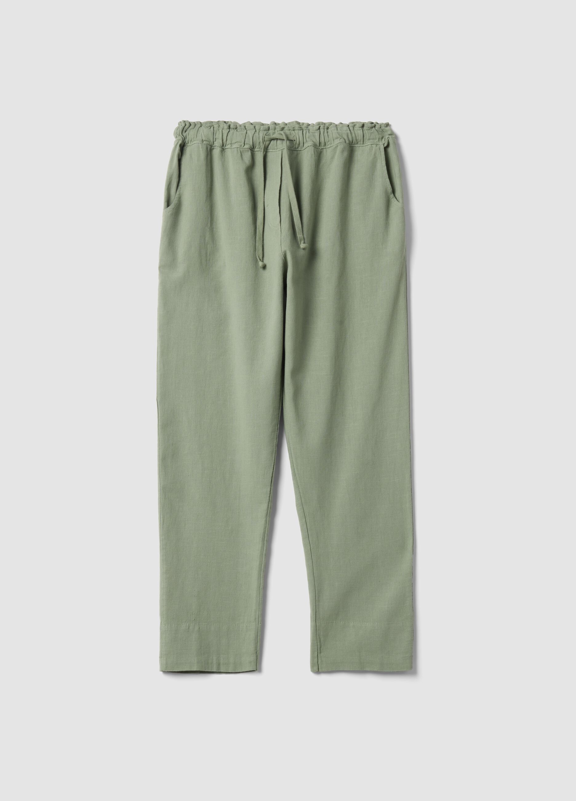 Green linen-cotton blend trousers with elasticated waist