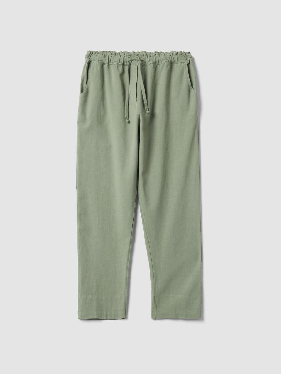 Green linen-cotton blend trousers with elasticated waist_0
