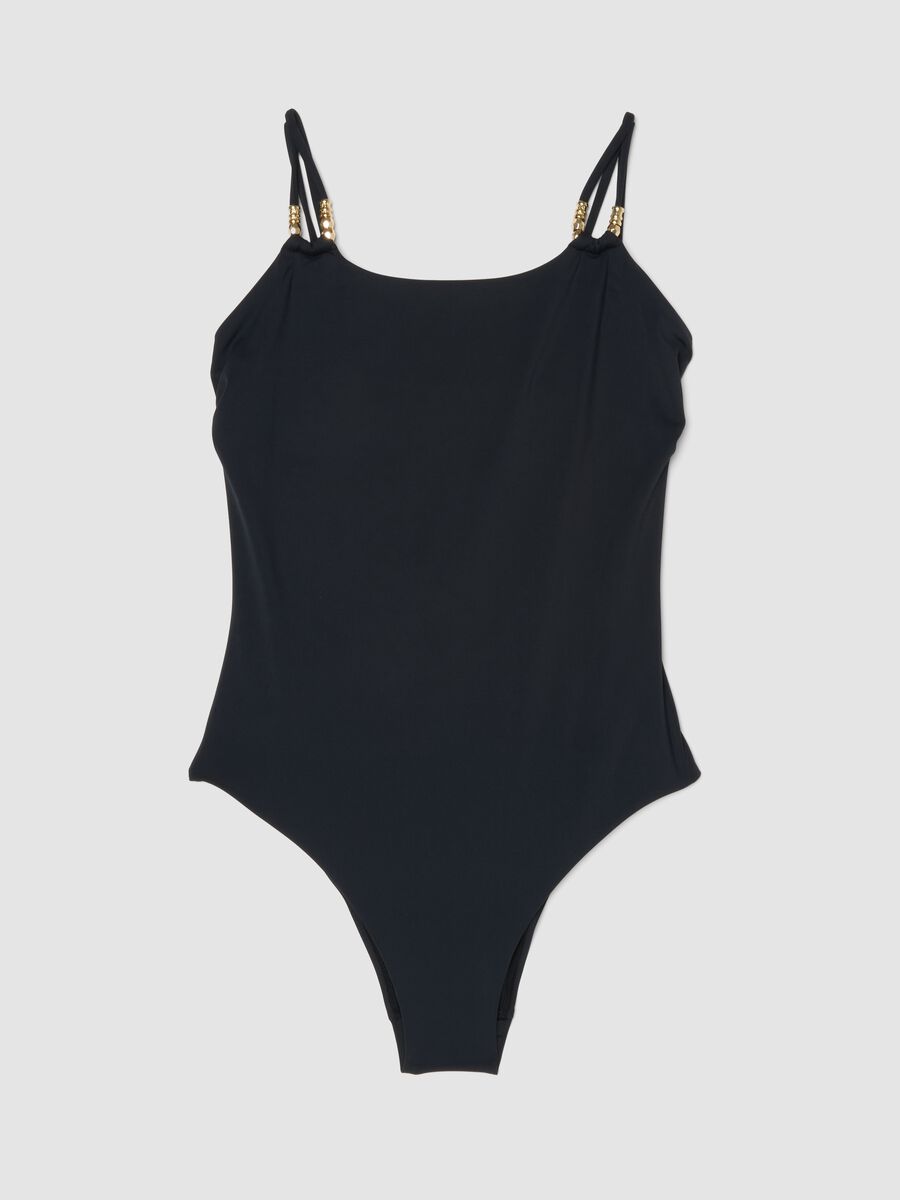 Costume intero nero in tessuto elasticizzato con spalline sottili_5