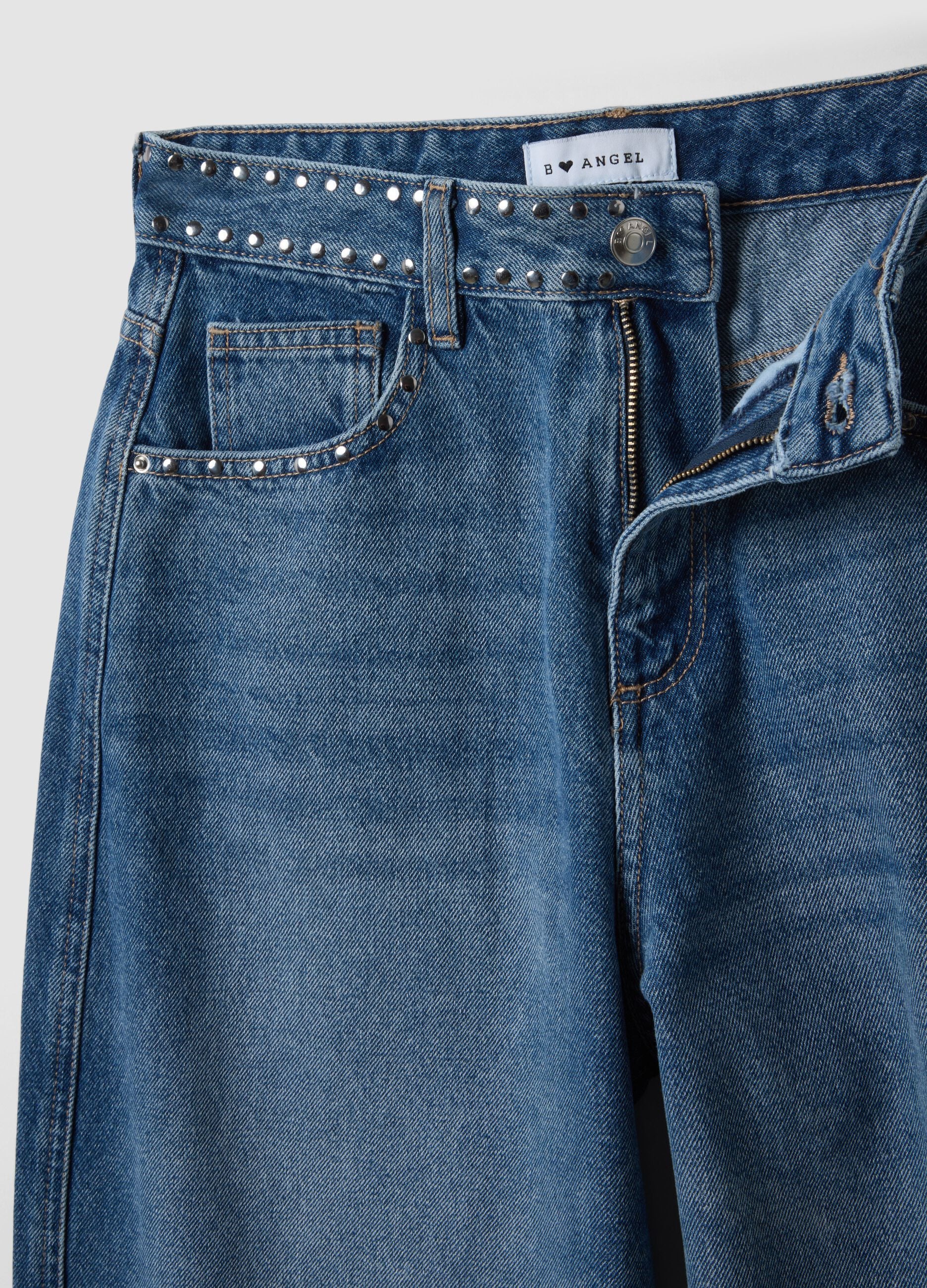 Blue pure-cotton skater-fit jeans with rhinestones