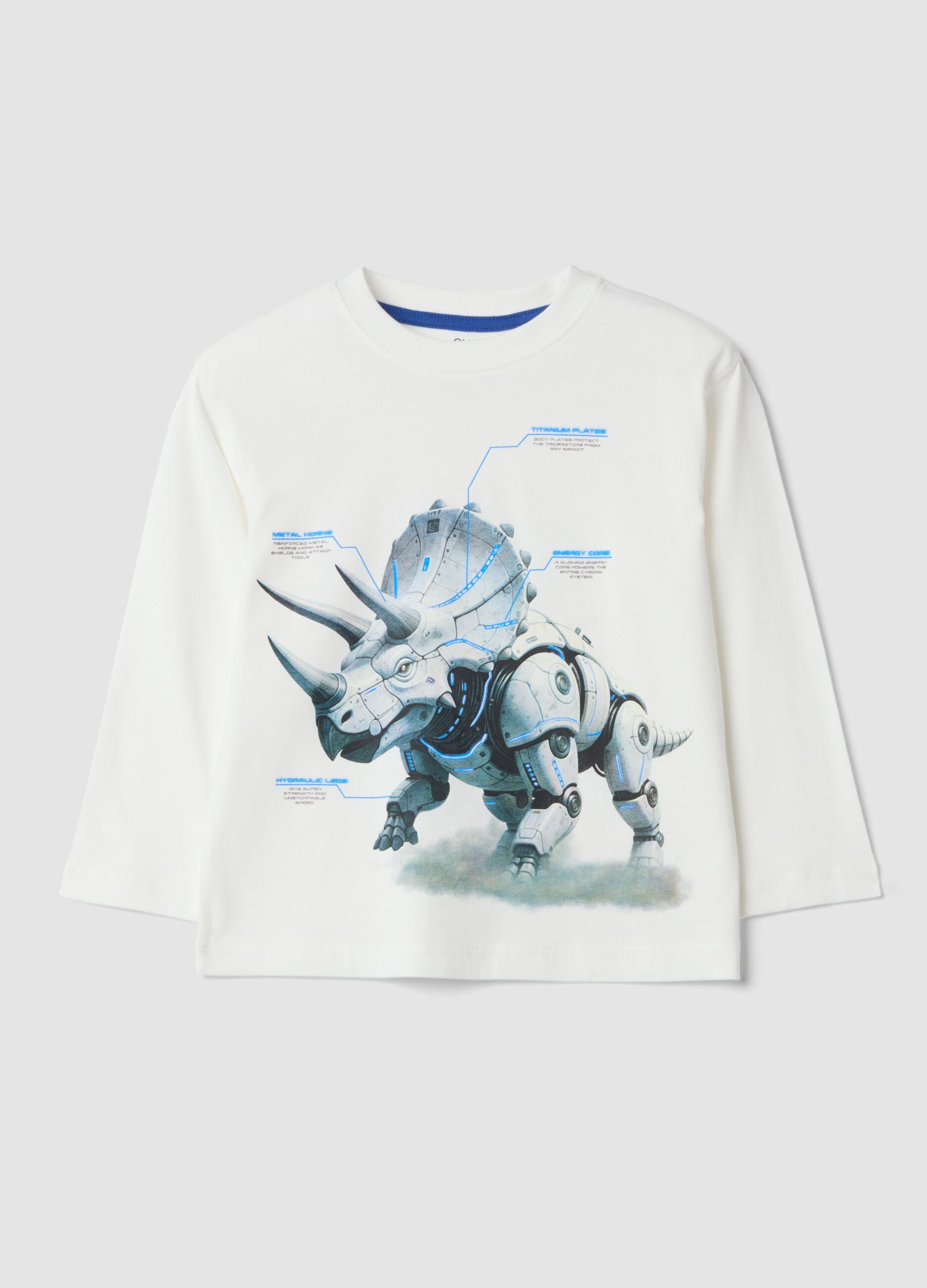 T-shirt bianca girocollo in puro cotone organico con stampa dinosauro