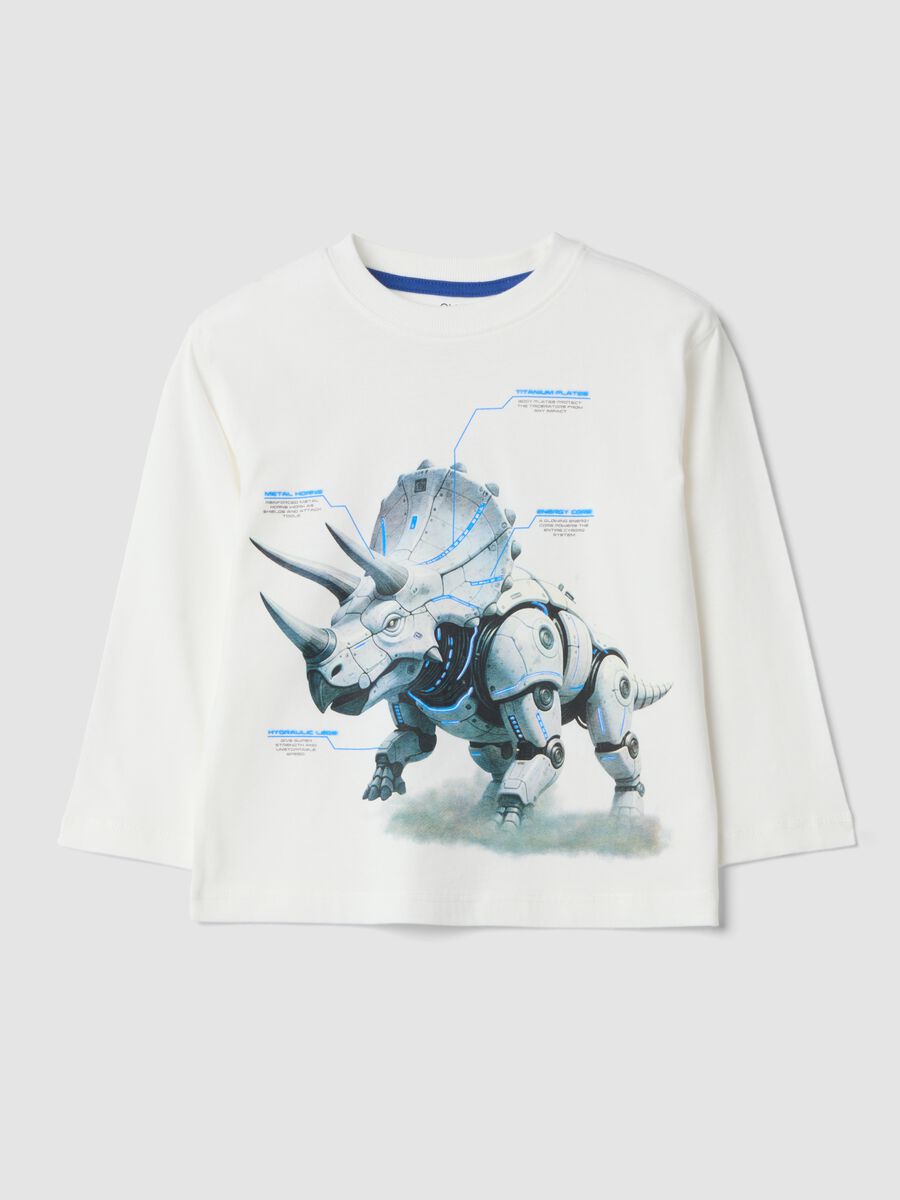 T-shirt bianca girocollo in puro cotone organico con stampa dinosauro_0