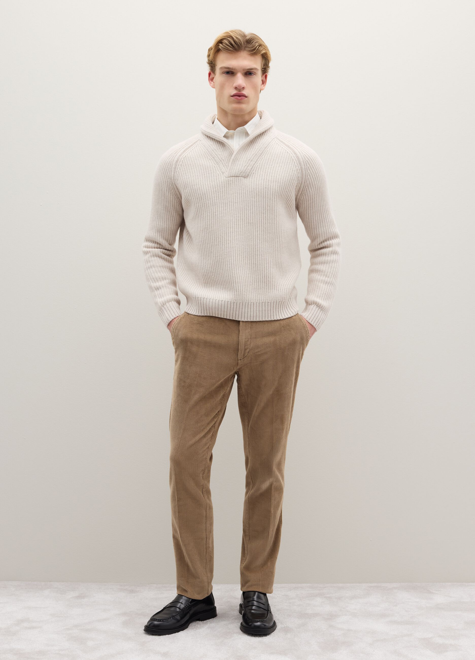 Beige Stretch Cotton Regular Fit Trousers