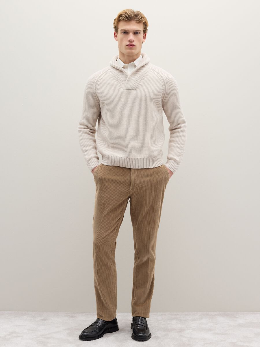 Beige Stretch Cotton Regular Fit Trousers_0