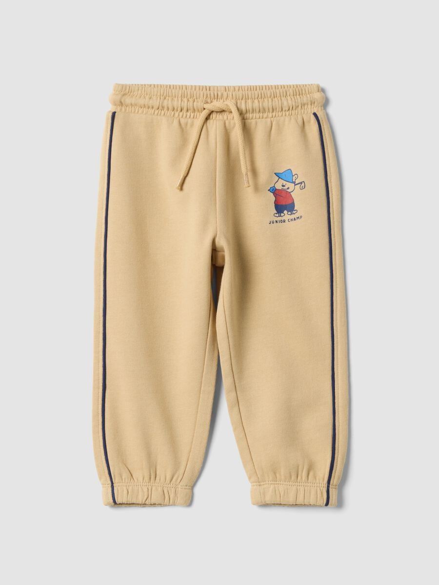 Pantaloni jogger beige in puro cotone con stampa_0