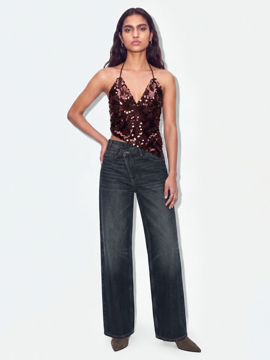 Top marrone in tessuto elasticizzato con paillettes_3