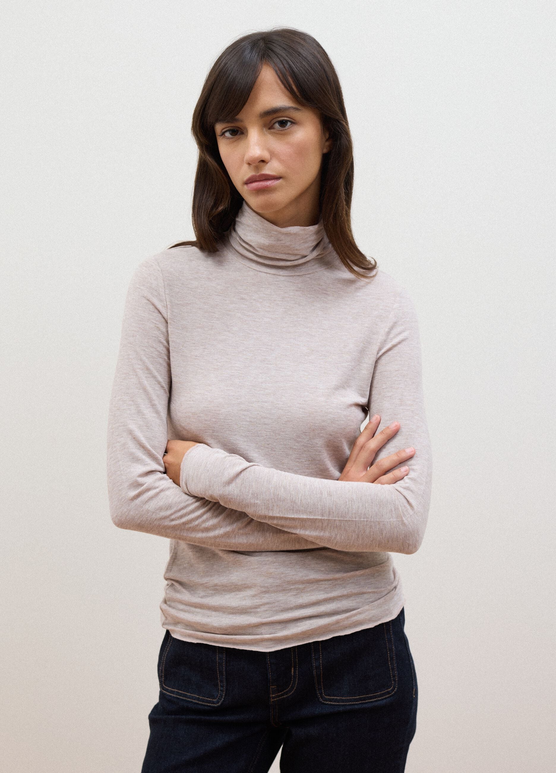 Beige modal and stretch wool T-shirt with raised collar, regular fit
