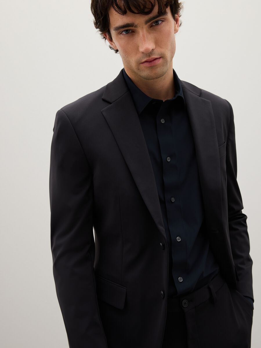 Black stretch fabric slim fit blazer_0
