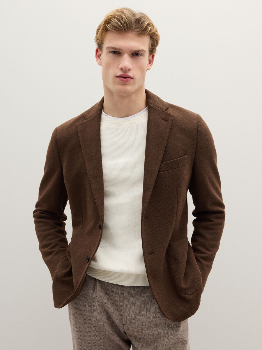 Brown cotton blend regular fit blazer_0