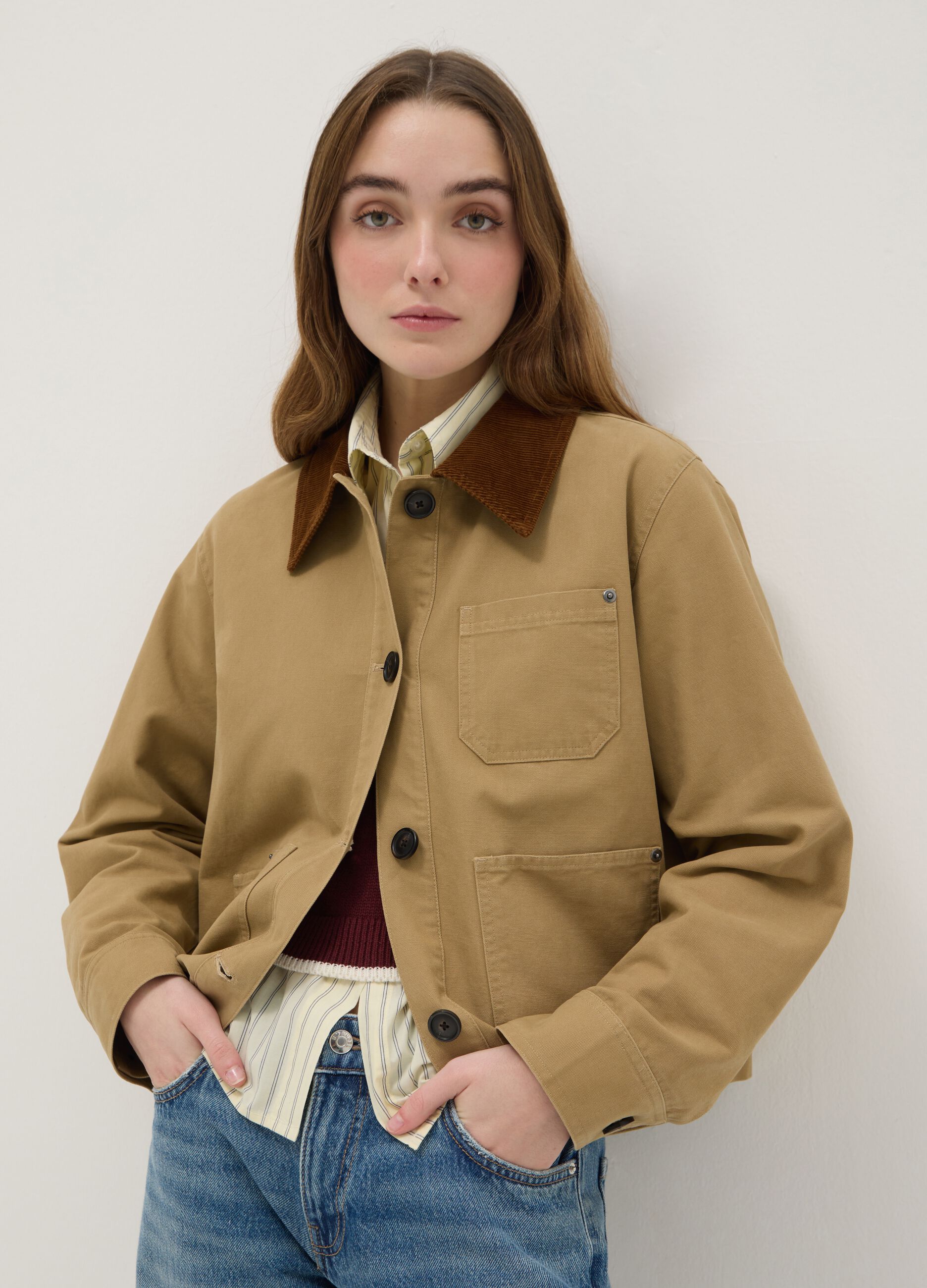 Regular fit beige pure cotton jacket with contrast collar