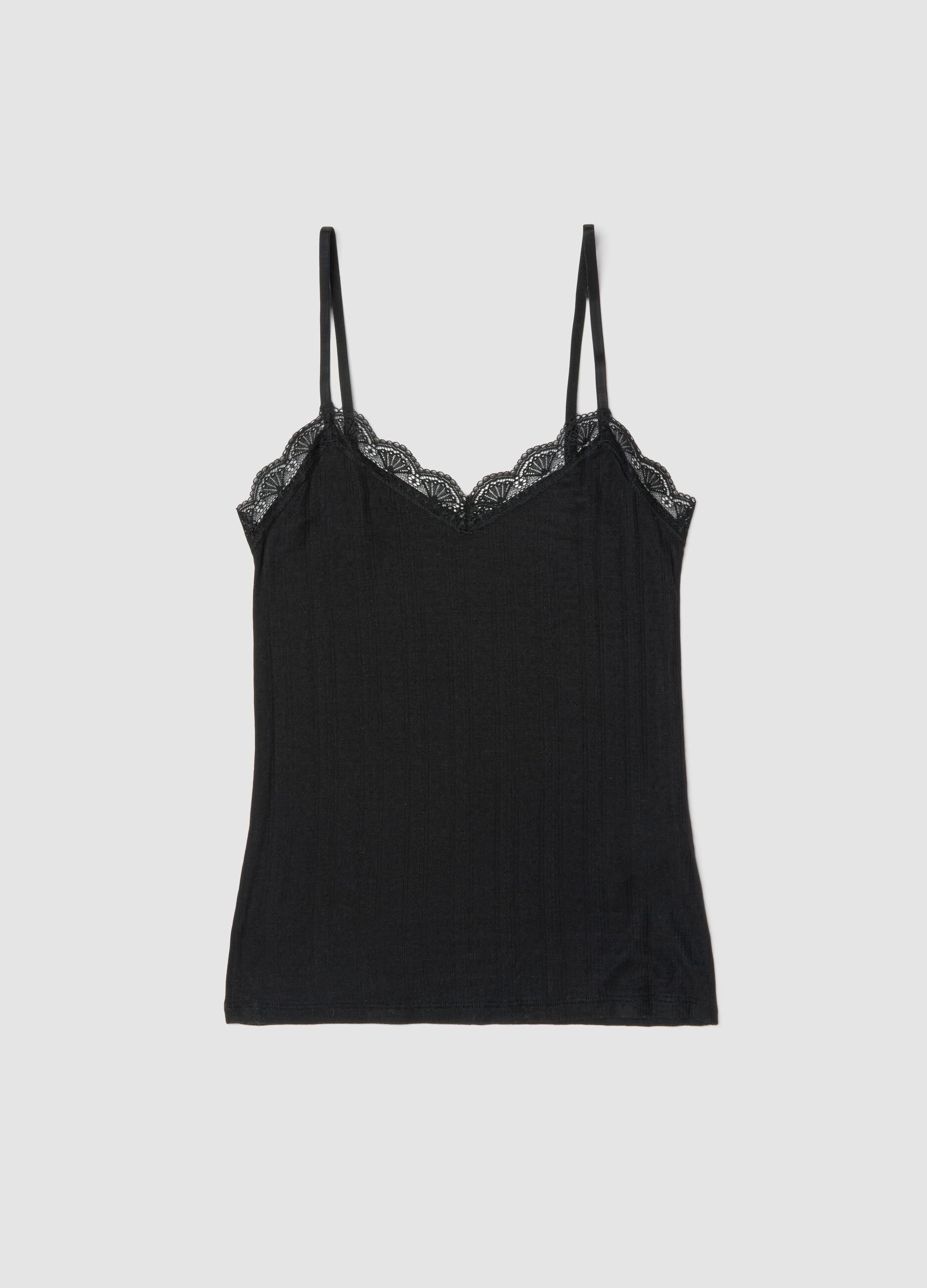 Black stretchy modal tank top regular fit with lace