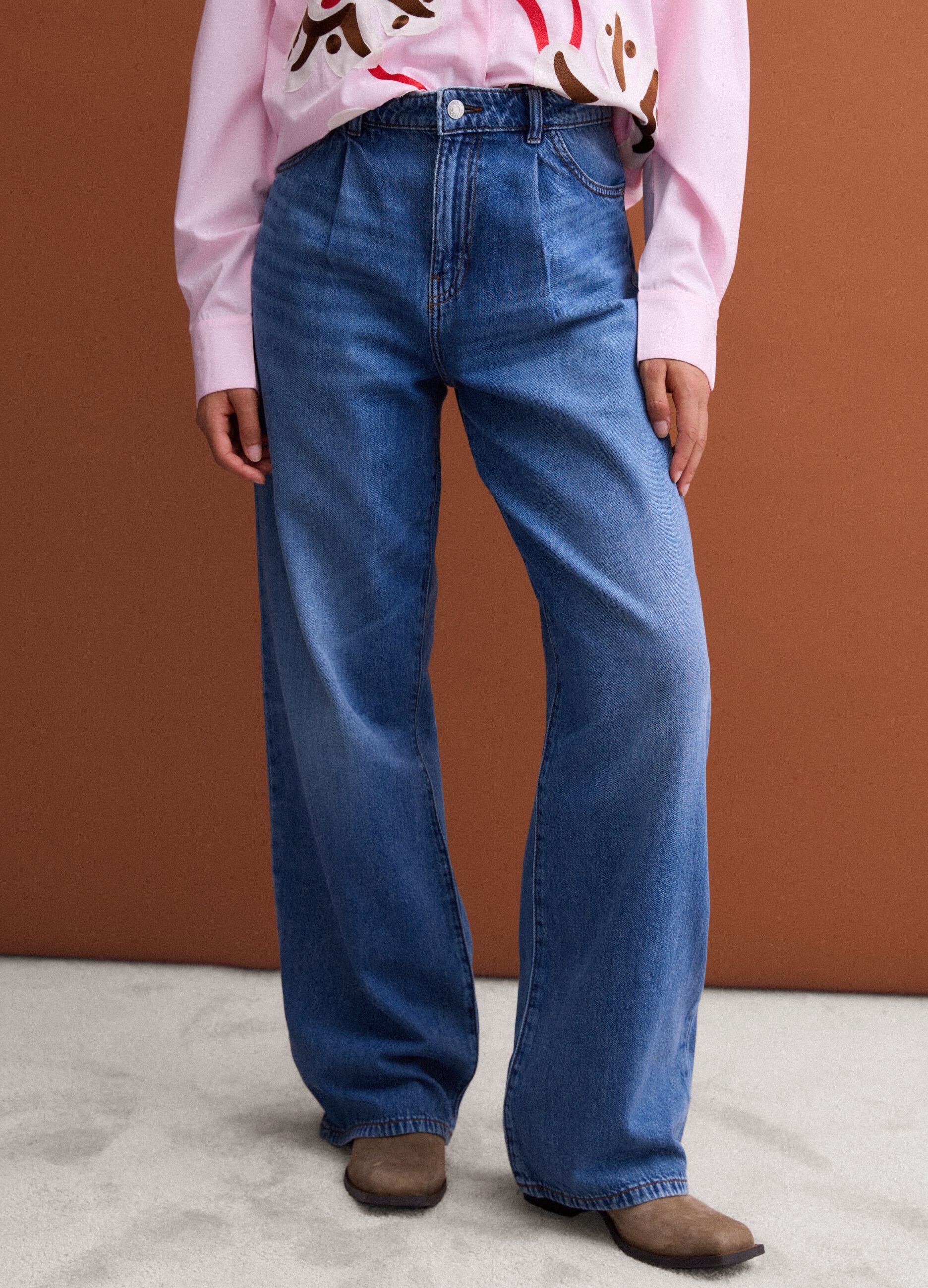 Jeans blu wide leg a vita alta in puro cotone