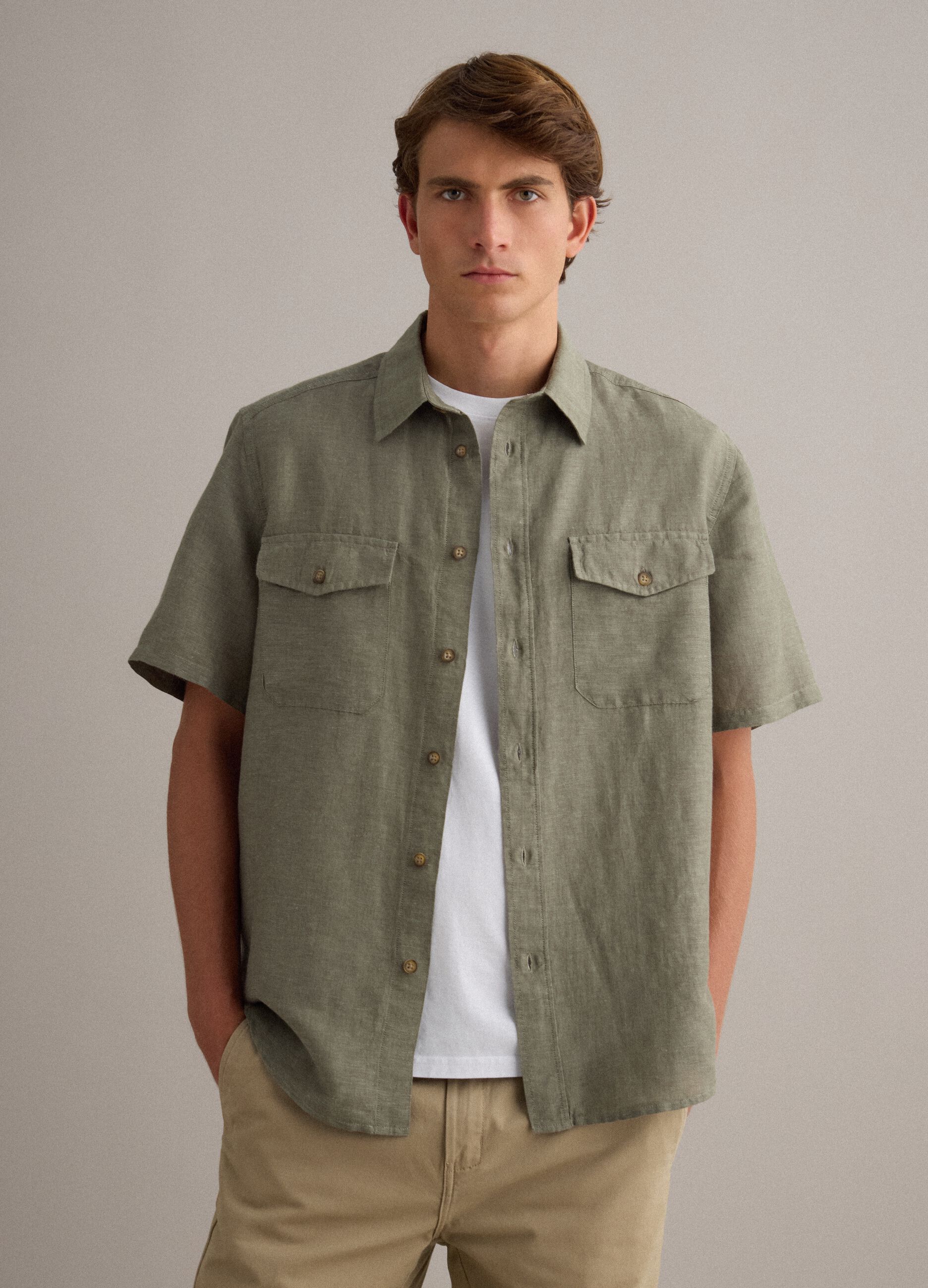 Regular fit green shirt in linen-cotton blend