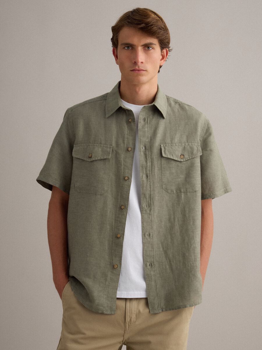 Camicia verde in misto lino e cotone regular fit_1