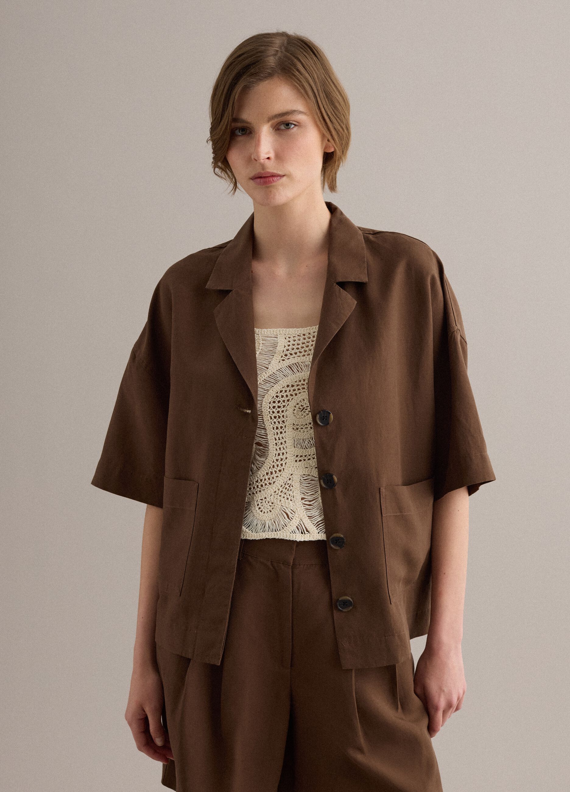 Brown Lyocell and Linen Blend Regular Fit Blazer