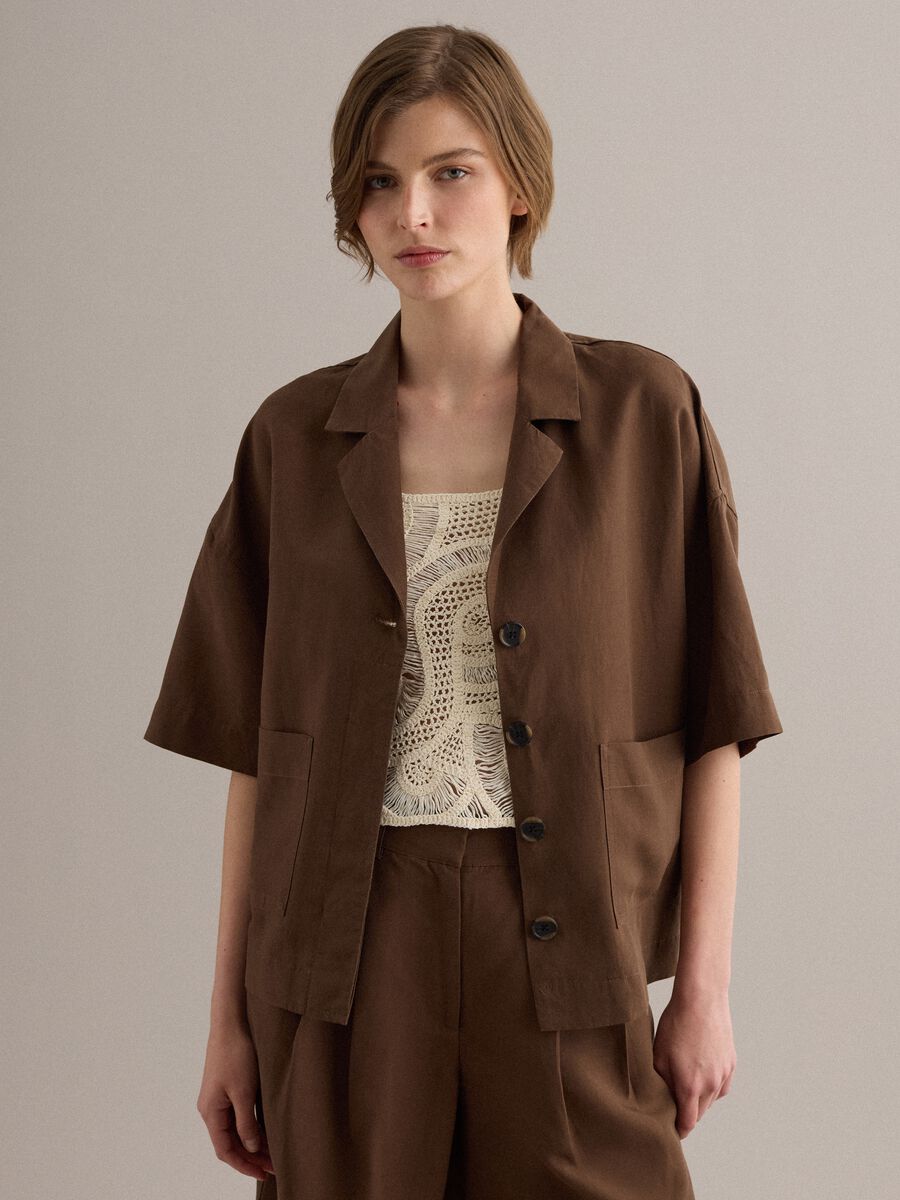 Brown Lyocell and Linen Blend Regular Fit Blazer_0