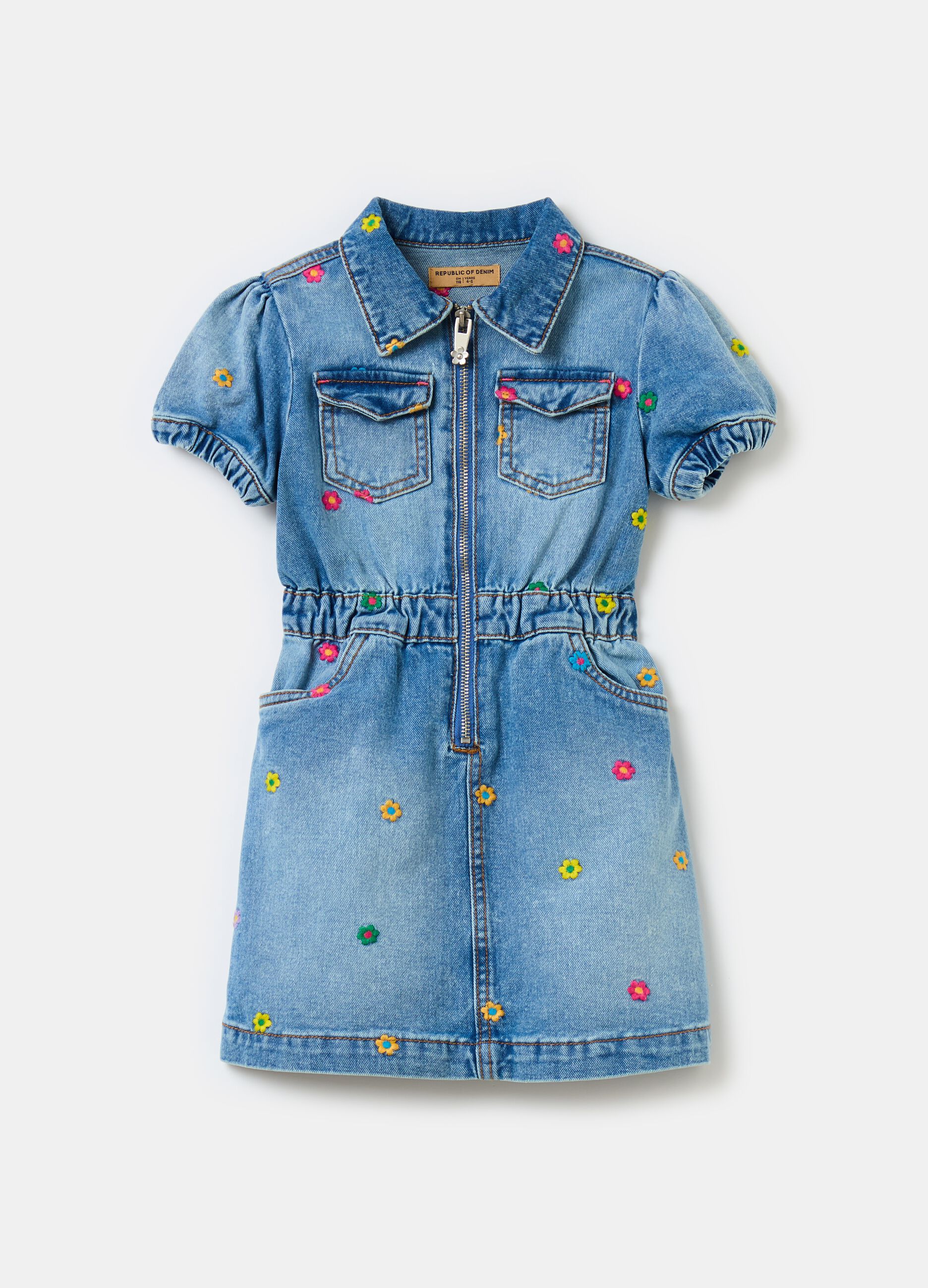 Denim dress with floral embroidery