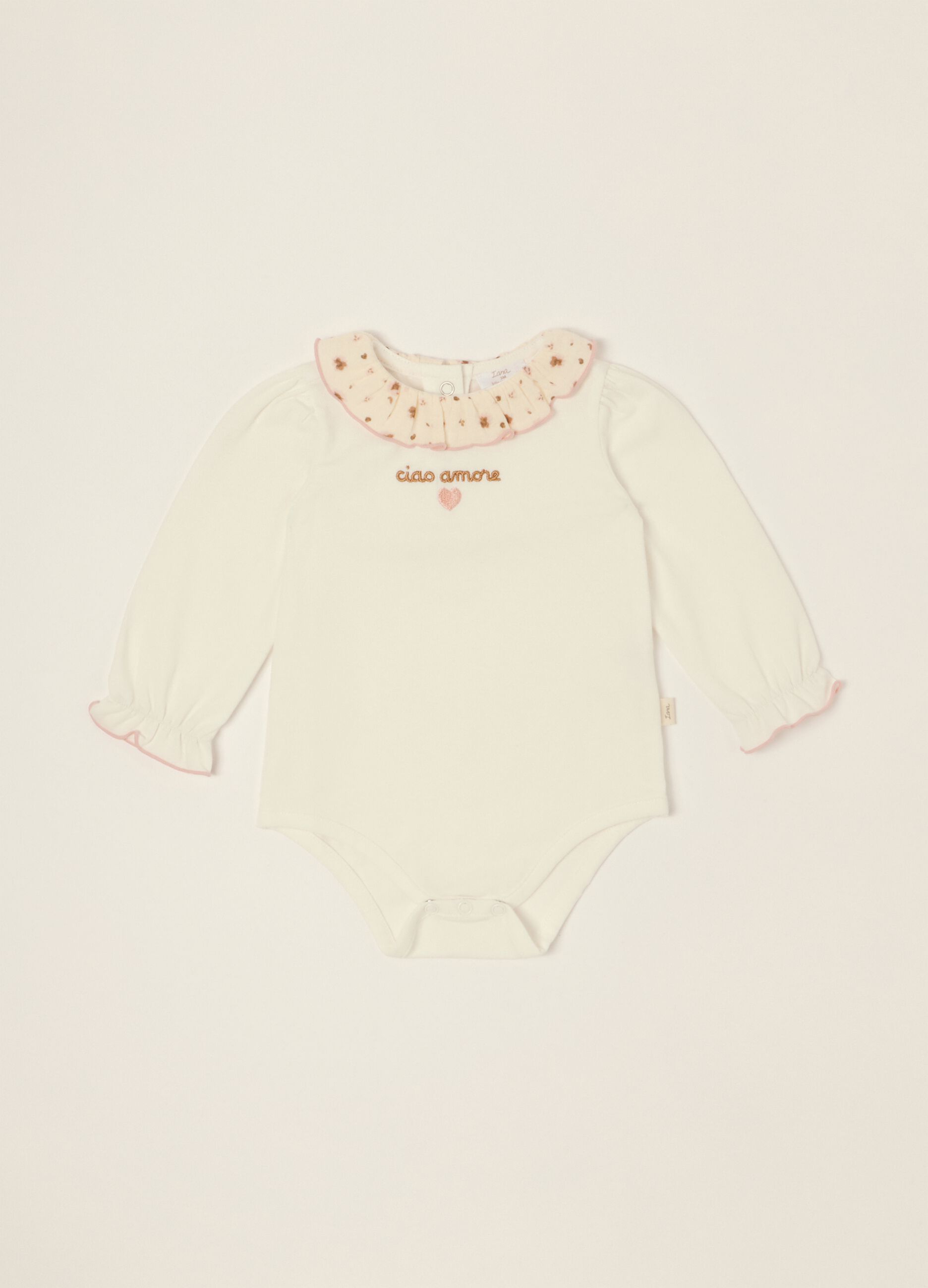 White stretch cotton baby girl bodysuit with decorated collar
