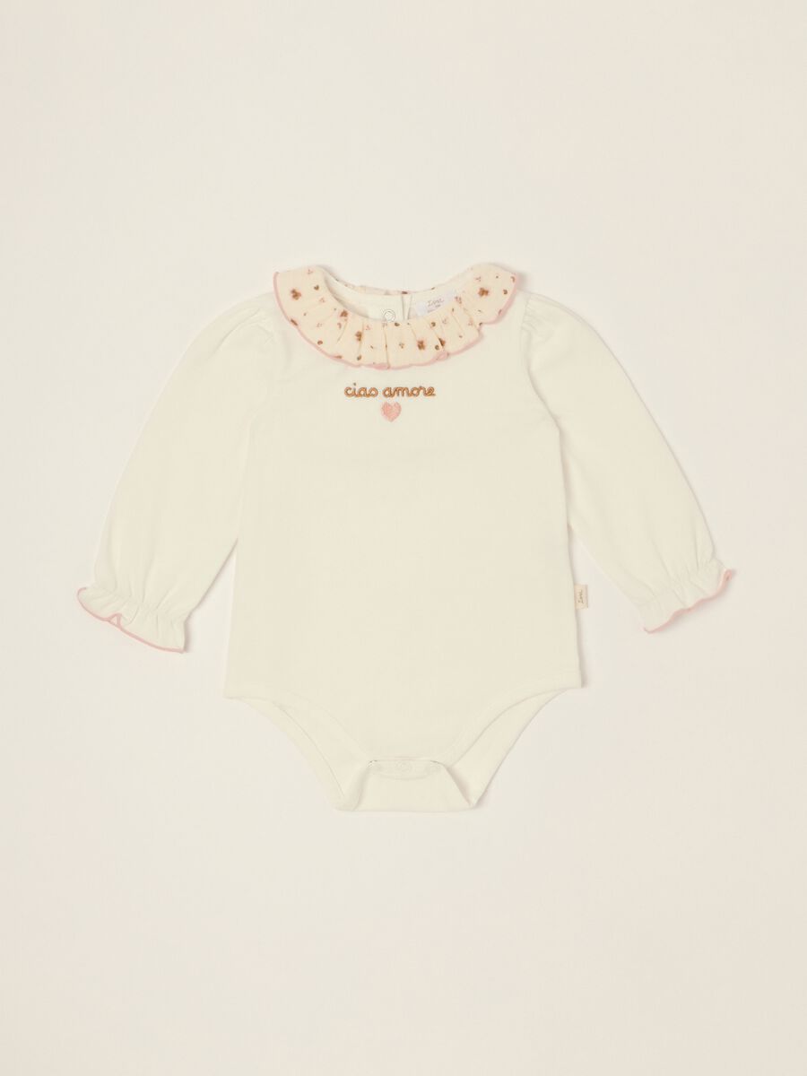 White stretch cotton baby girl bodysuit with decorated collar_0