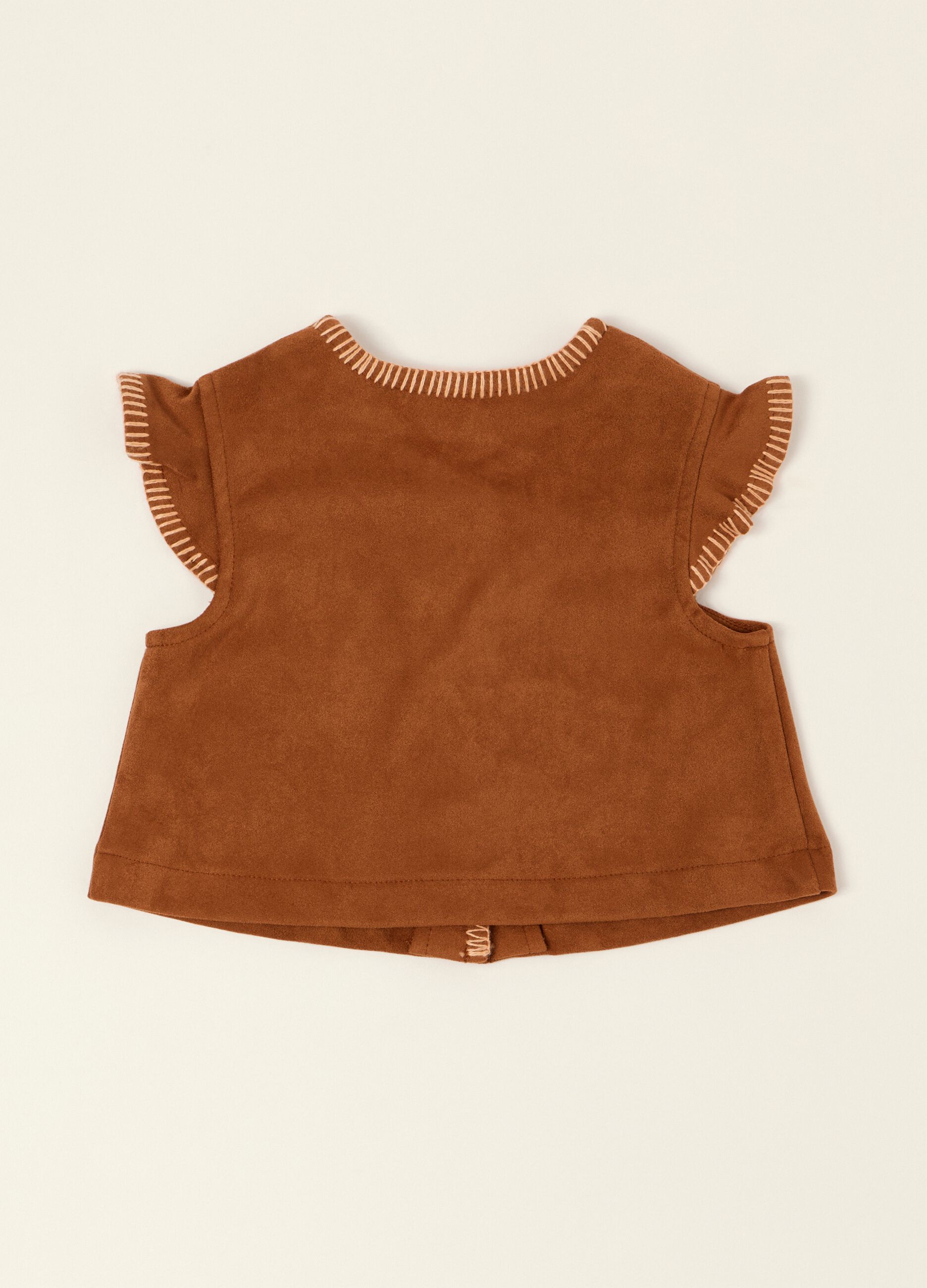 Brown baby girl gilet with fringe details in stretch fabric