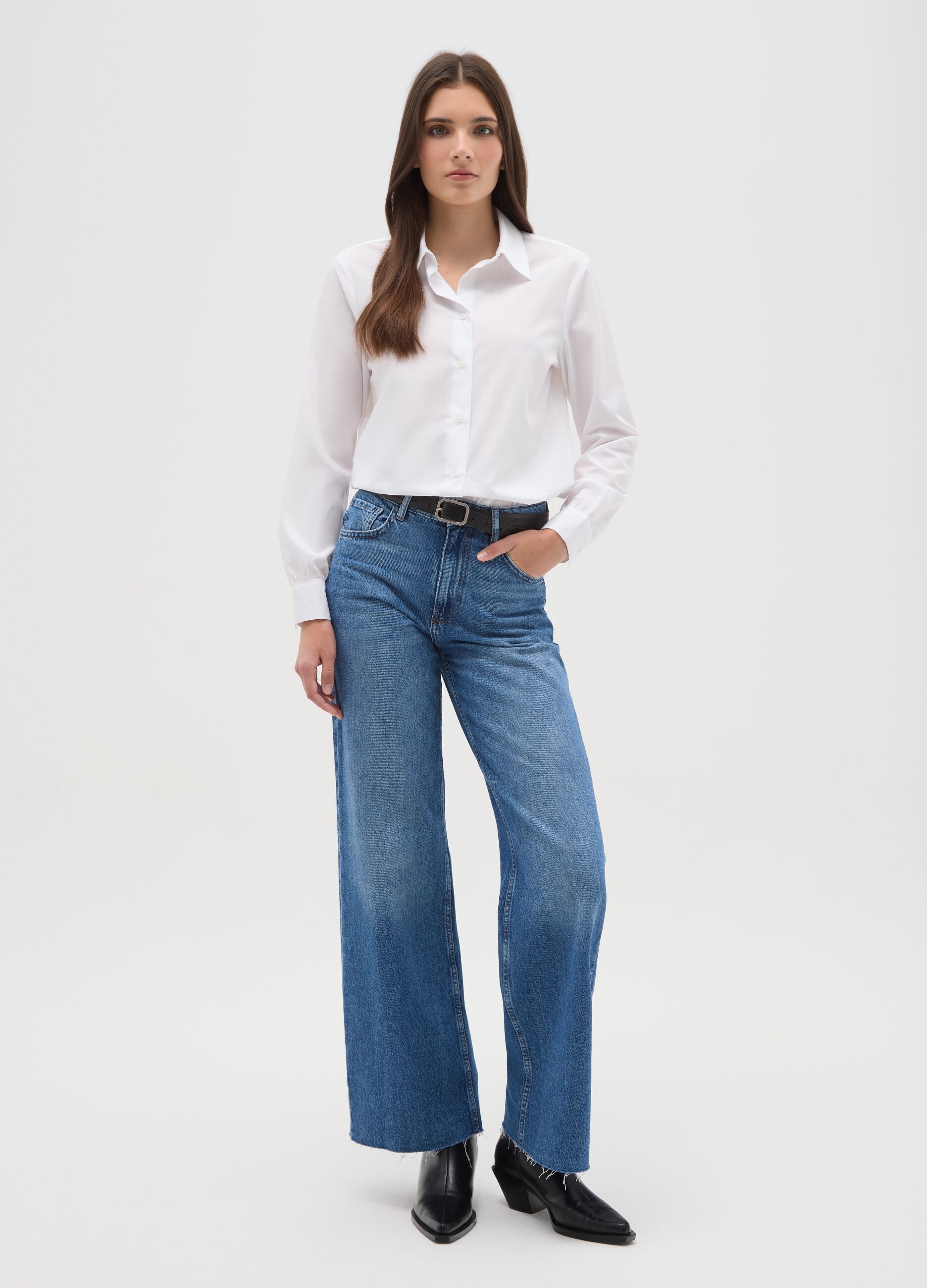 Wide leg blue jeans in pure cotton