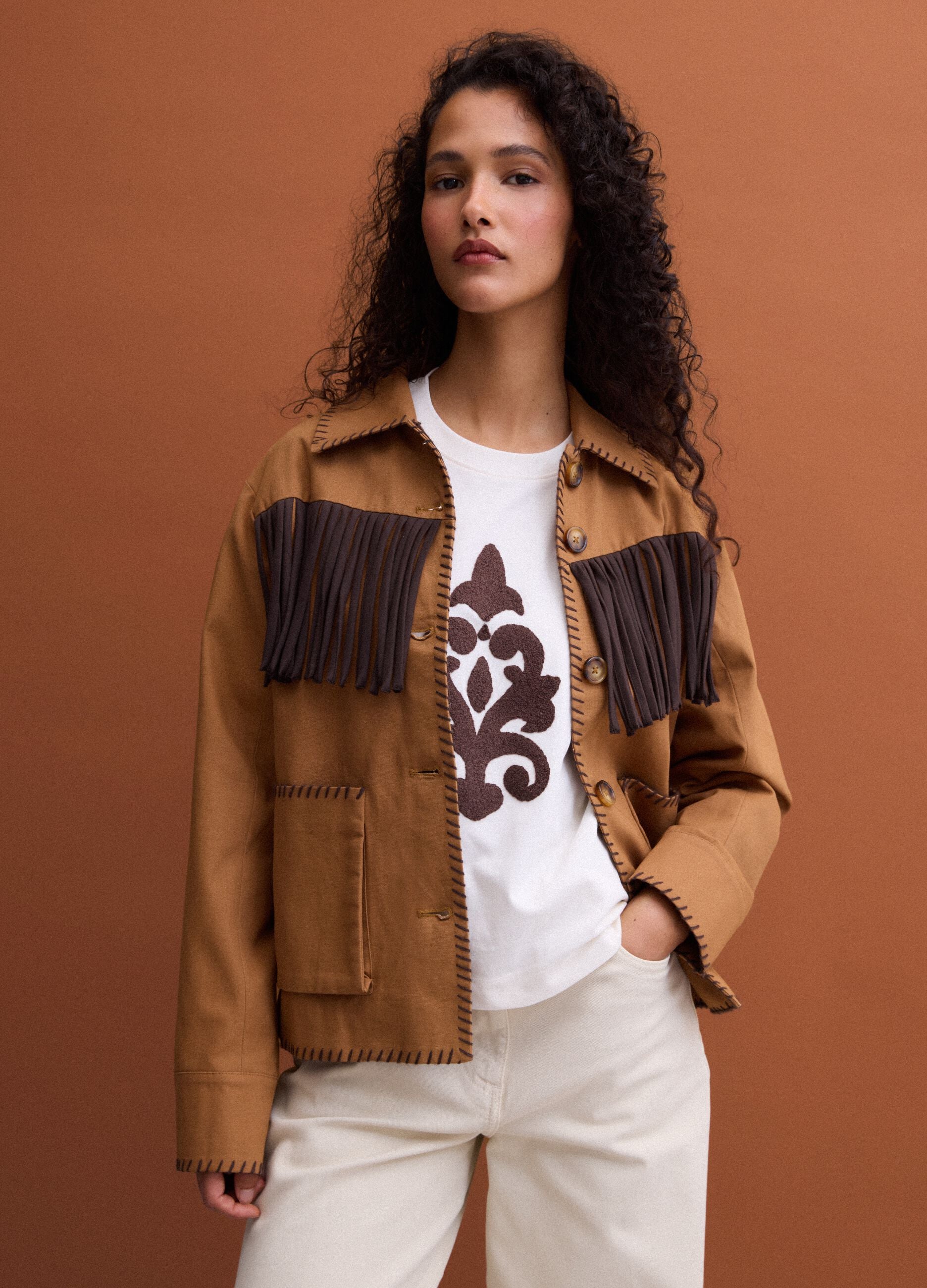 Brown pure cotton fringed shacket, regular fit