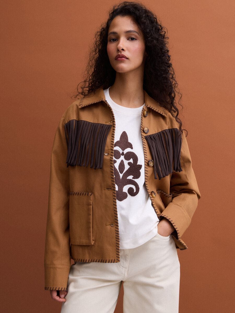 Brown pure cotton fringed shacket, regular fit_0