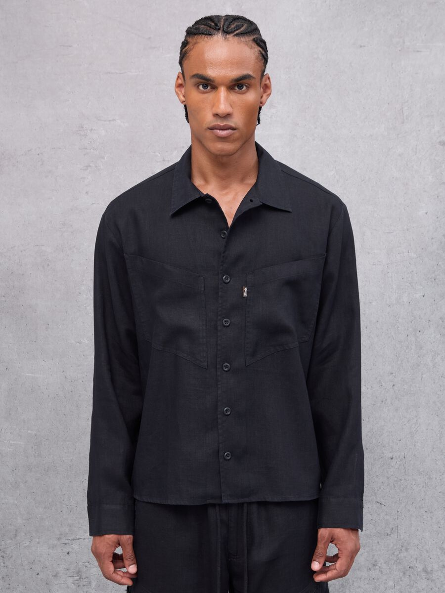 100% Linen Cargo Shirt Black_1