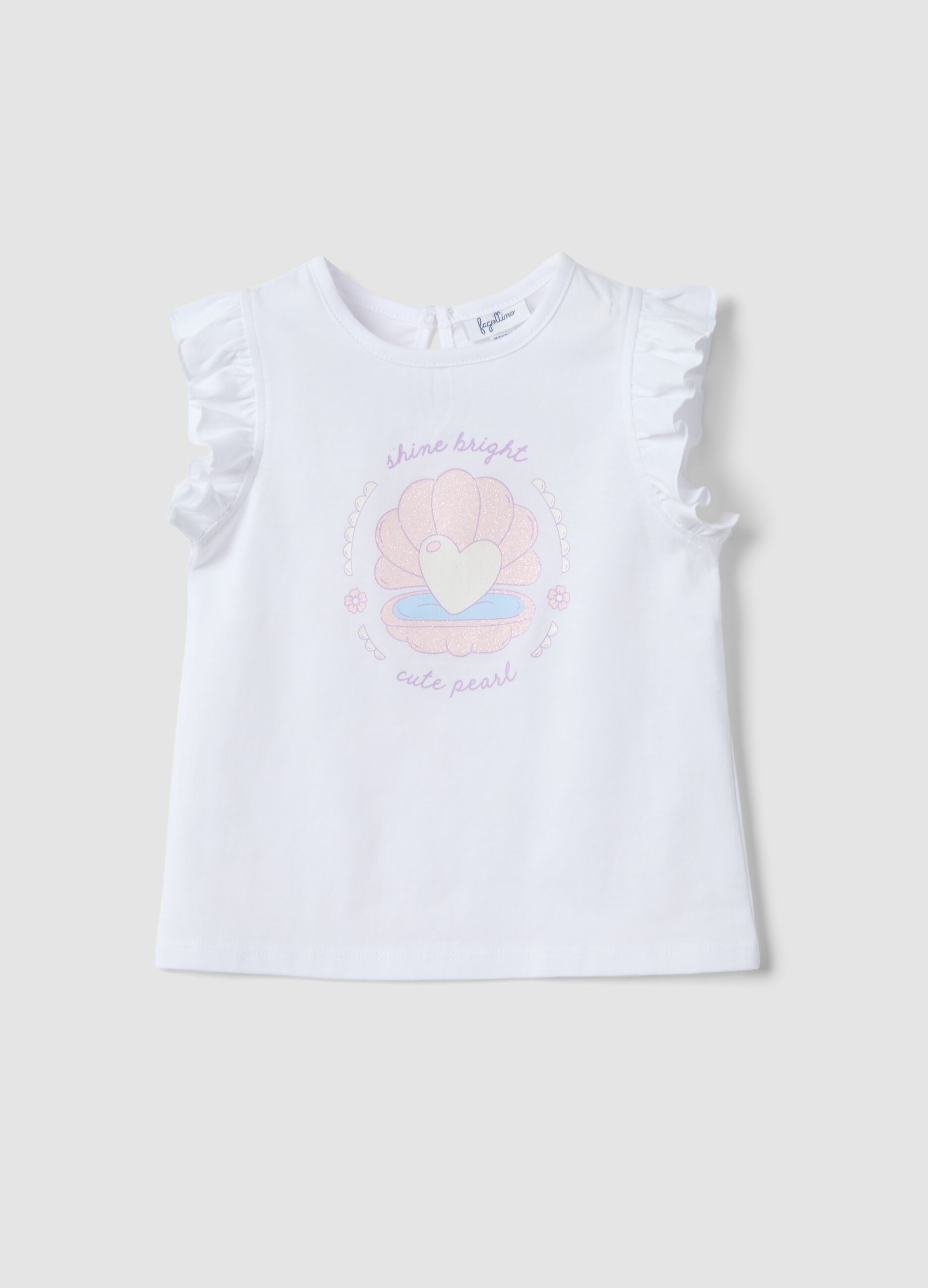 White organic cotton girls&rsquo; tank top with print and ruffles