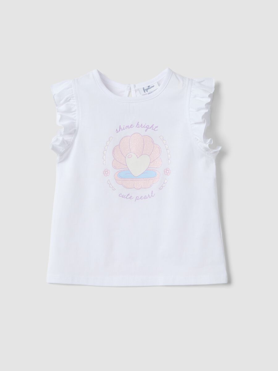 White organic cotton girls&rsquo; tank top with print and ruffles_0