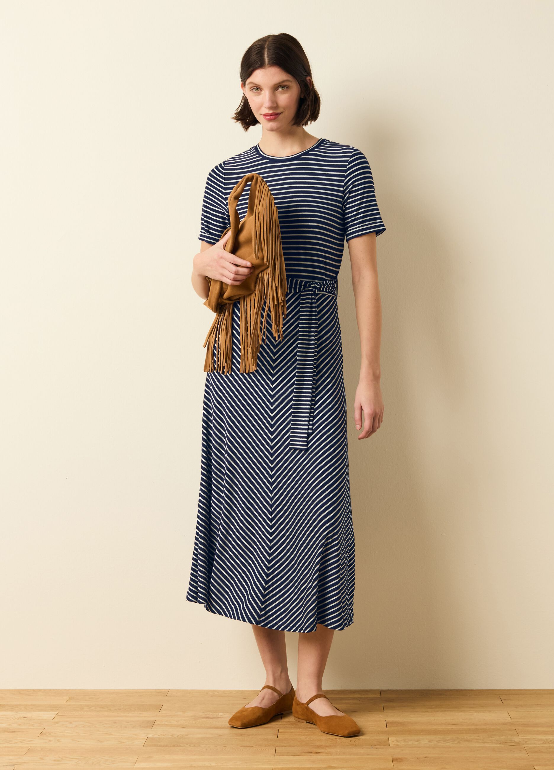 Striped dress in lurex with belt