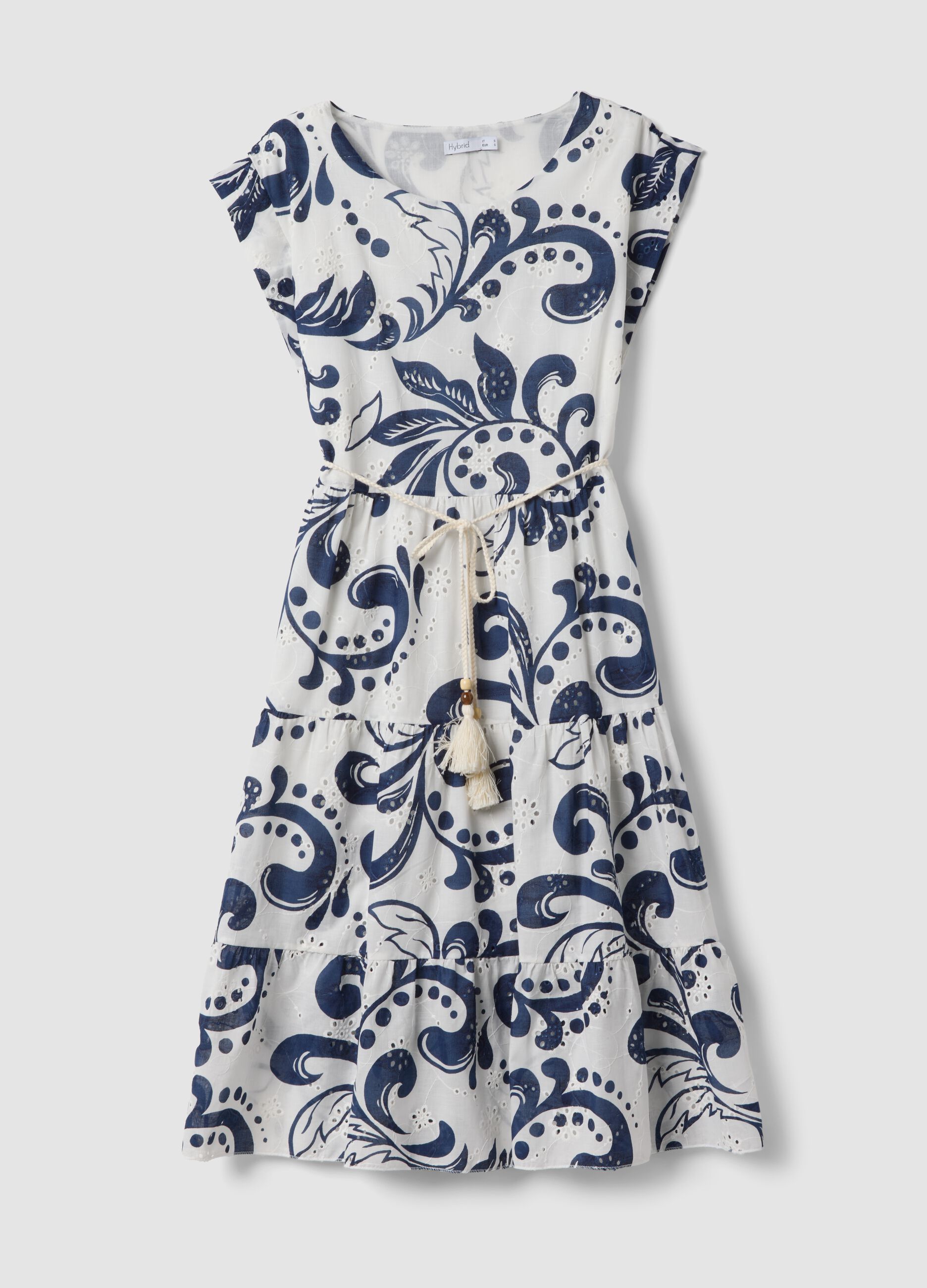 Blue and white pure cotton dress with all-over print and rope belt