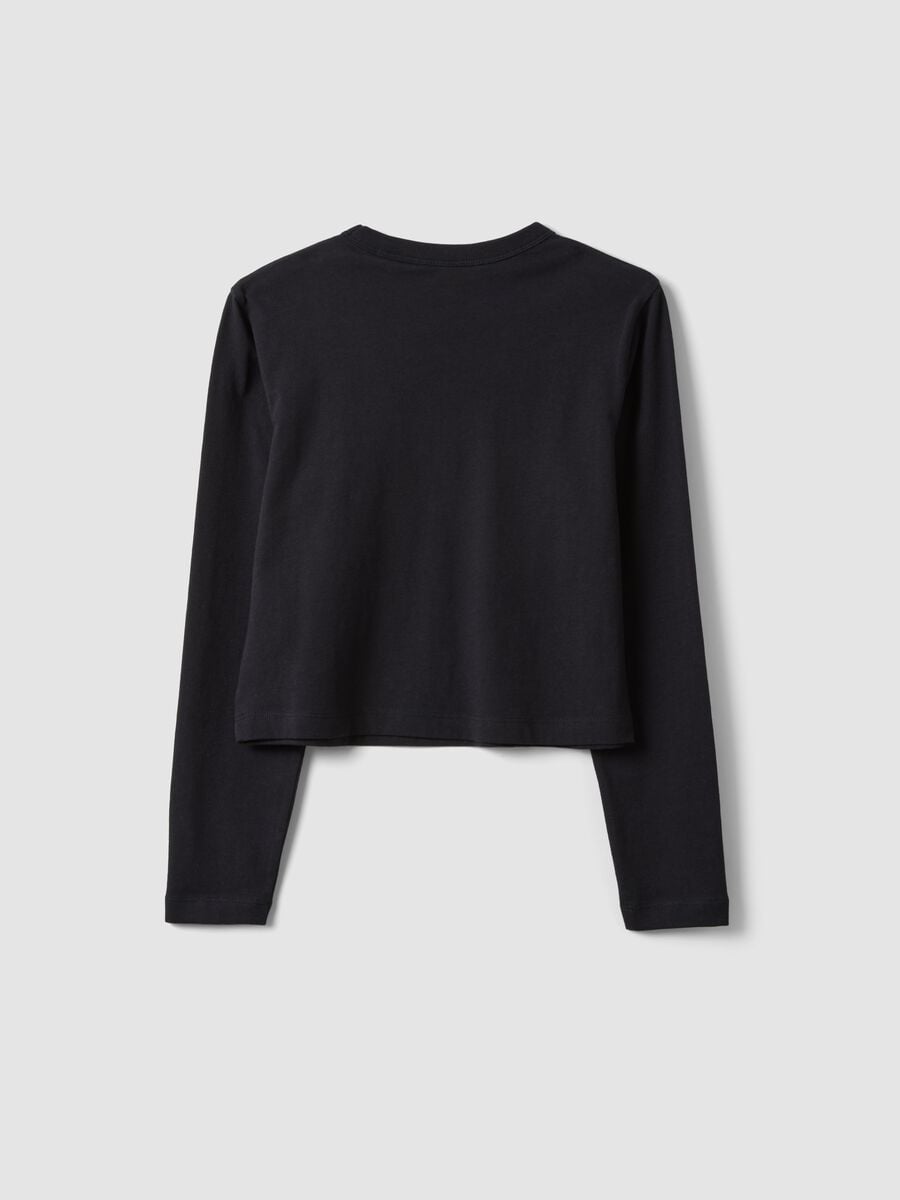 T-shirt nera in puro cotone con collo a costine per ragazza_5
