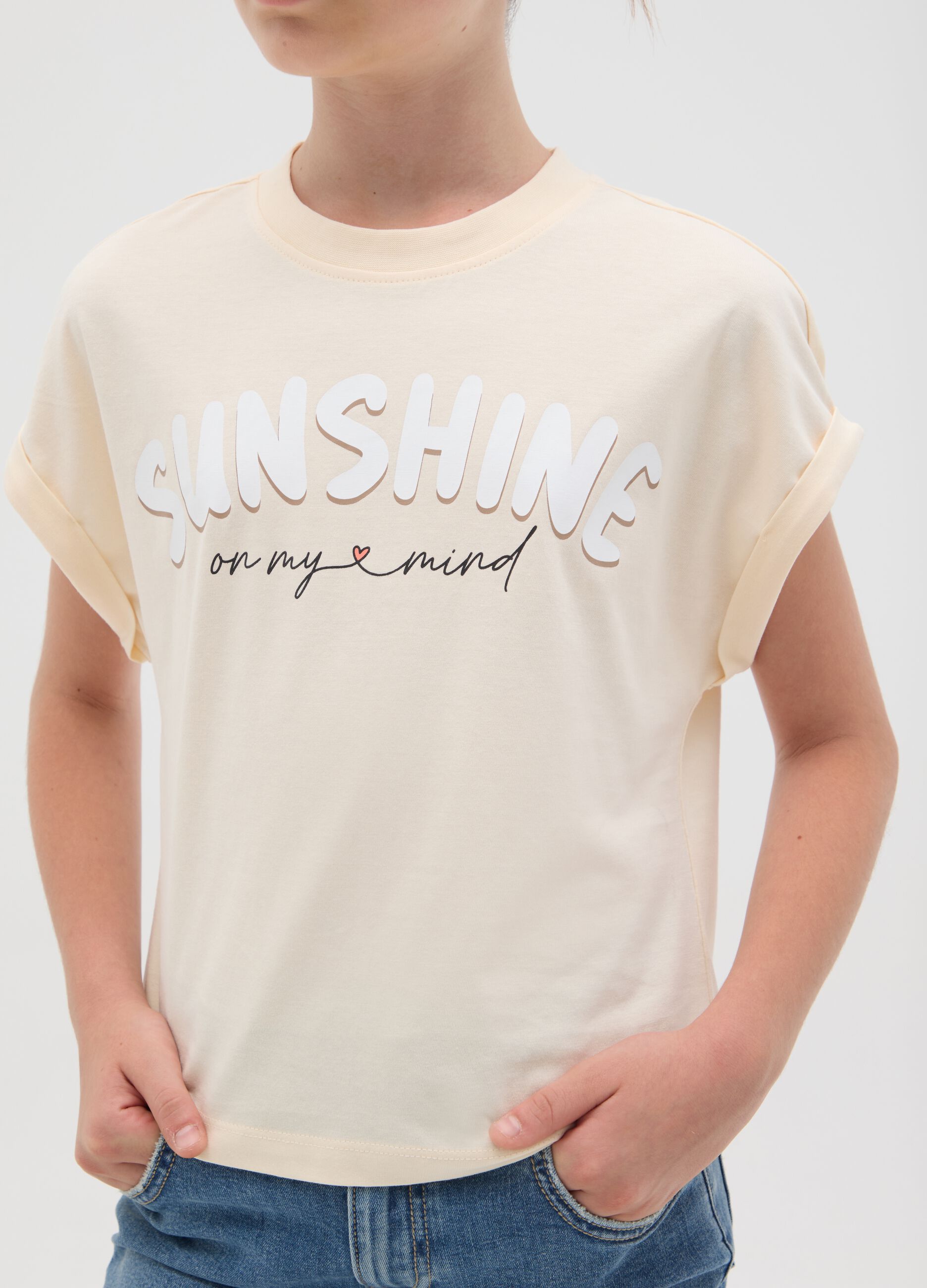 Girls' T-shirt in pure cotton beige boxy fit